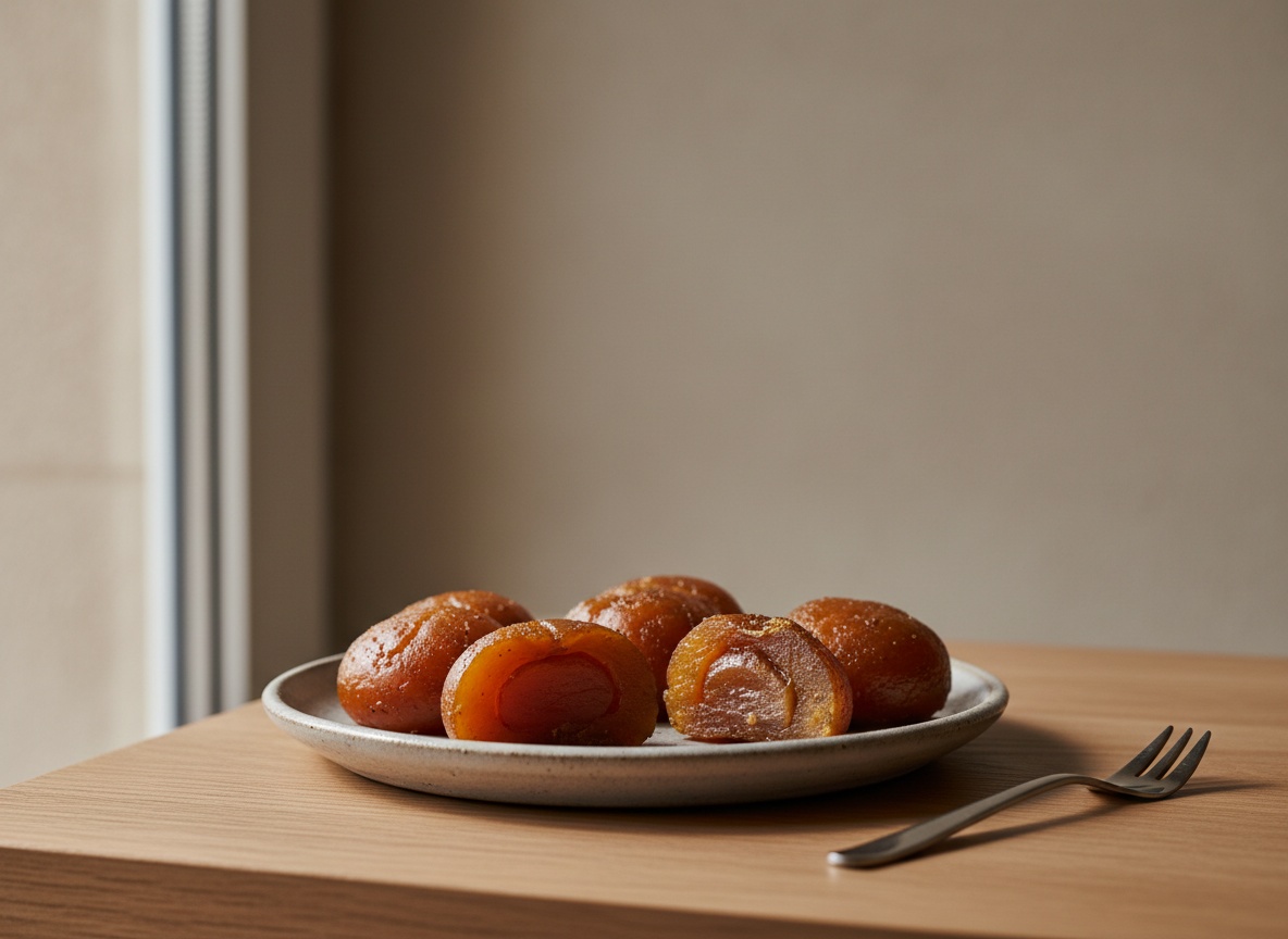 Marrons glacés enteros, ambarinos y de superficie mate, sobre un plato blanco hueso, con uno partido que muestra el interior translúcido.