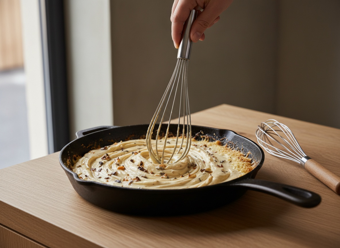 La bechamel espesa despegándose de la sartén al remover con varillas.