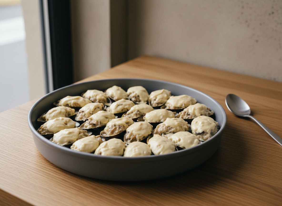 Las medias conchas rellenas de bechamel con mejillón, alisadas y listas para enfriar.