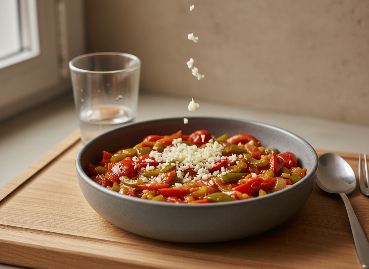 Ajo picado incorporándose a las verduras pochadas de la piperrada.