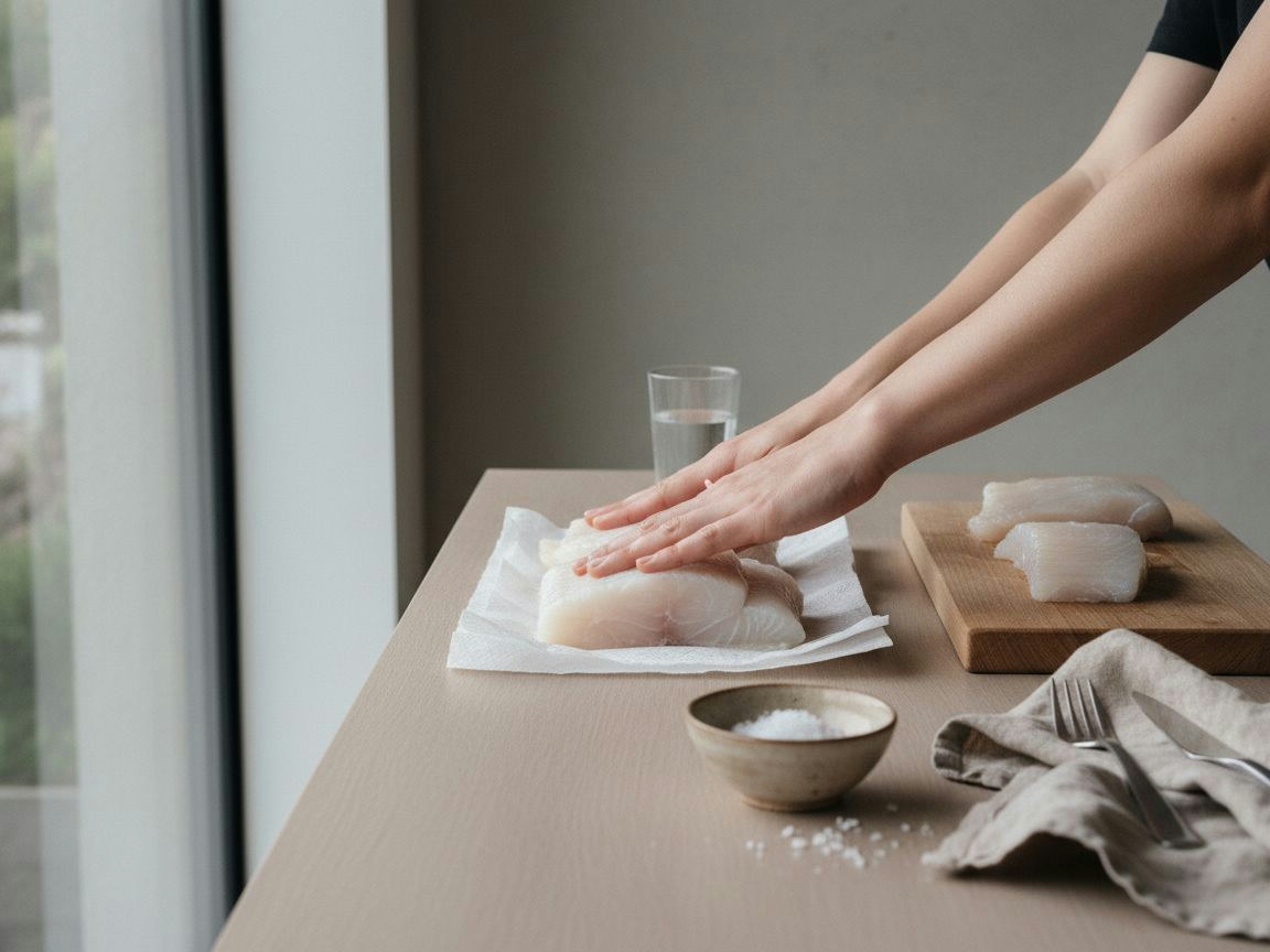 Tacos de merluza secándose sobre rejilla con papel de cocina, la superficie mate y sin brillo de humedad
