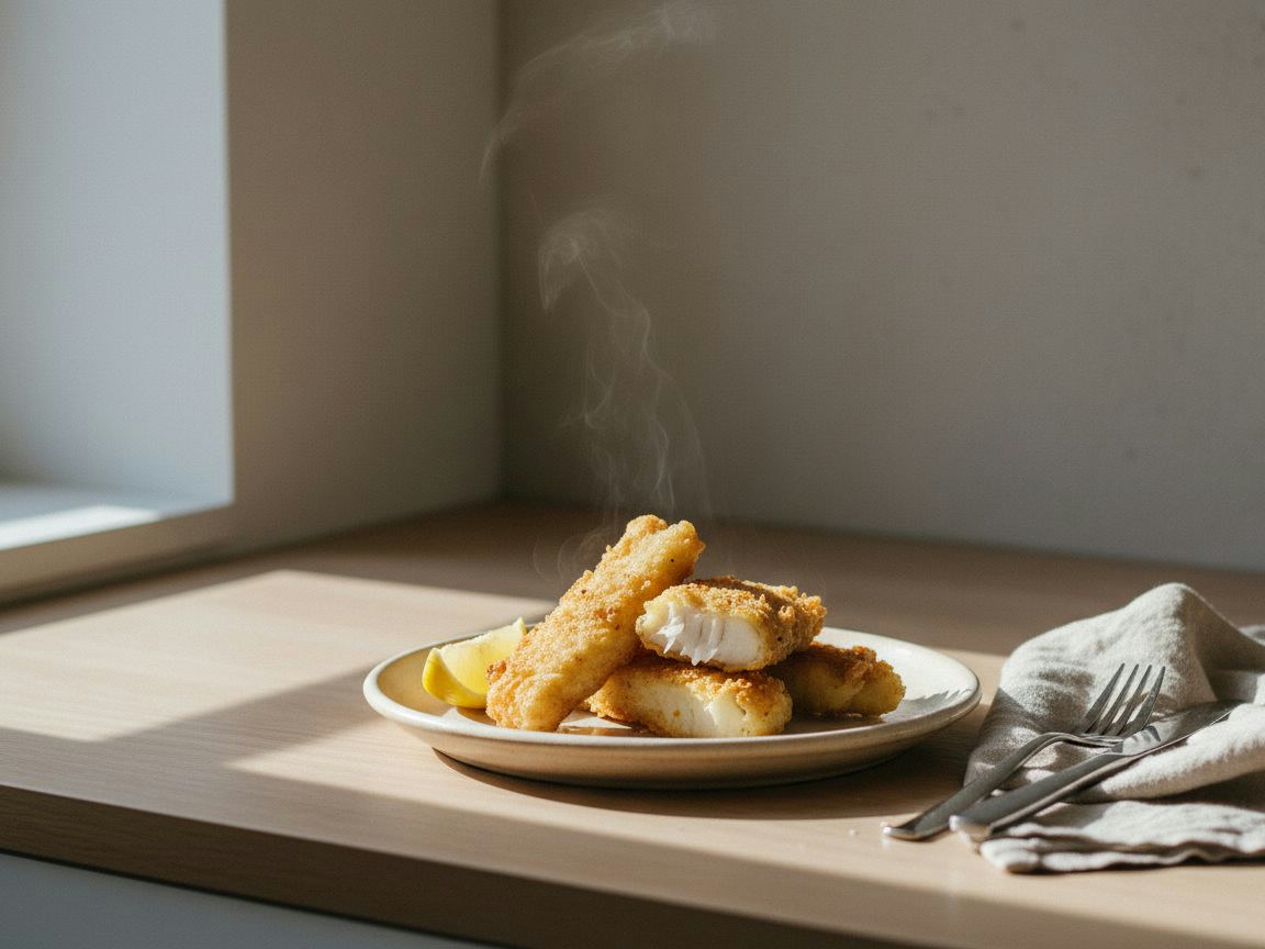 Plato blanco con lomos de merluza a la romana de costra dorada y ondulada, gajos de limón y perejil fresco, con el interior nacarado visible en uno de los trozos