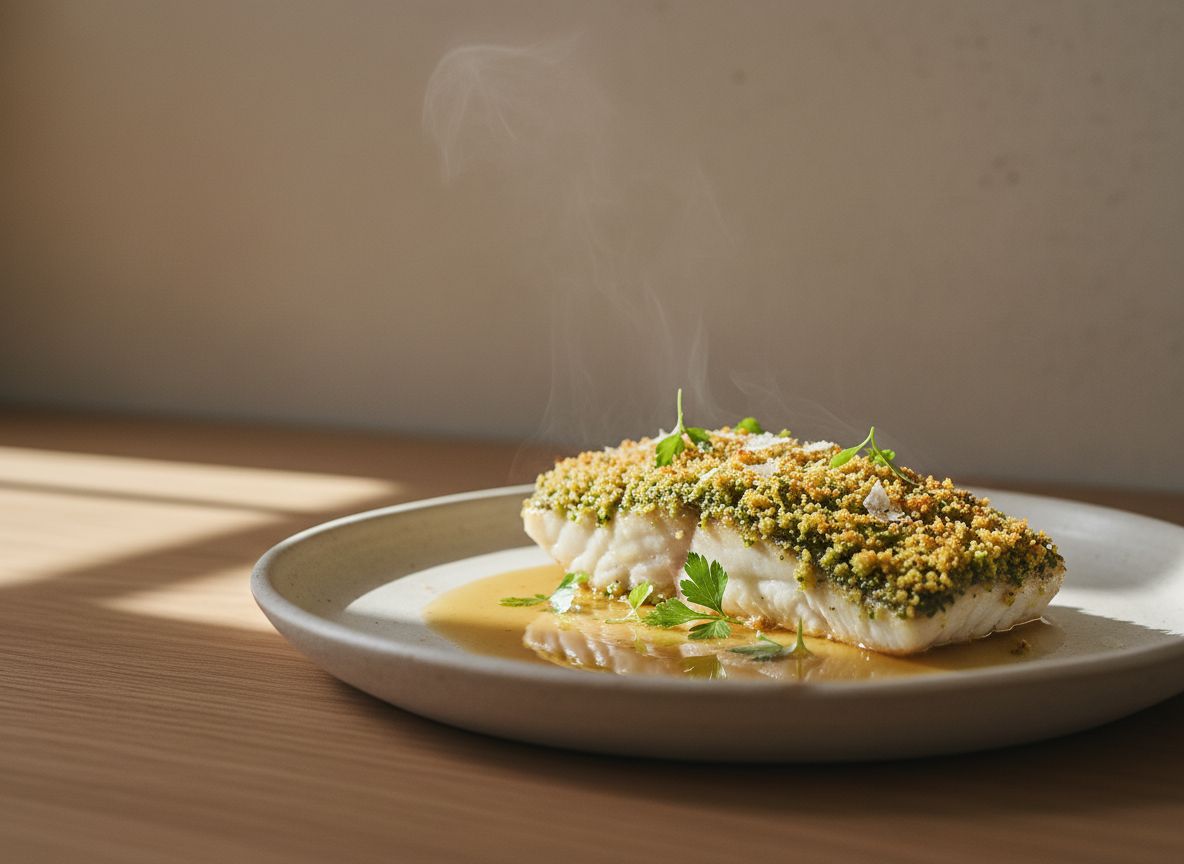 Lomo de merluza nacarado con costra crujiente de perejil y panko dorada, sobre un espejo de pil-pil emulsionado, con escamas de sal y brotes de perejil, en plato de cerámica blanco hueso, luz natural suave desde la izquierda