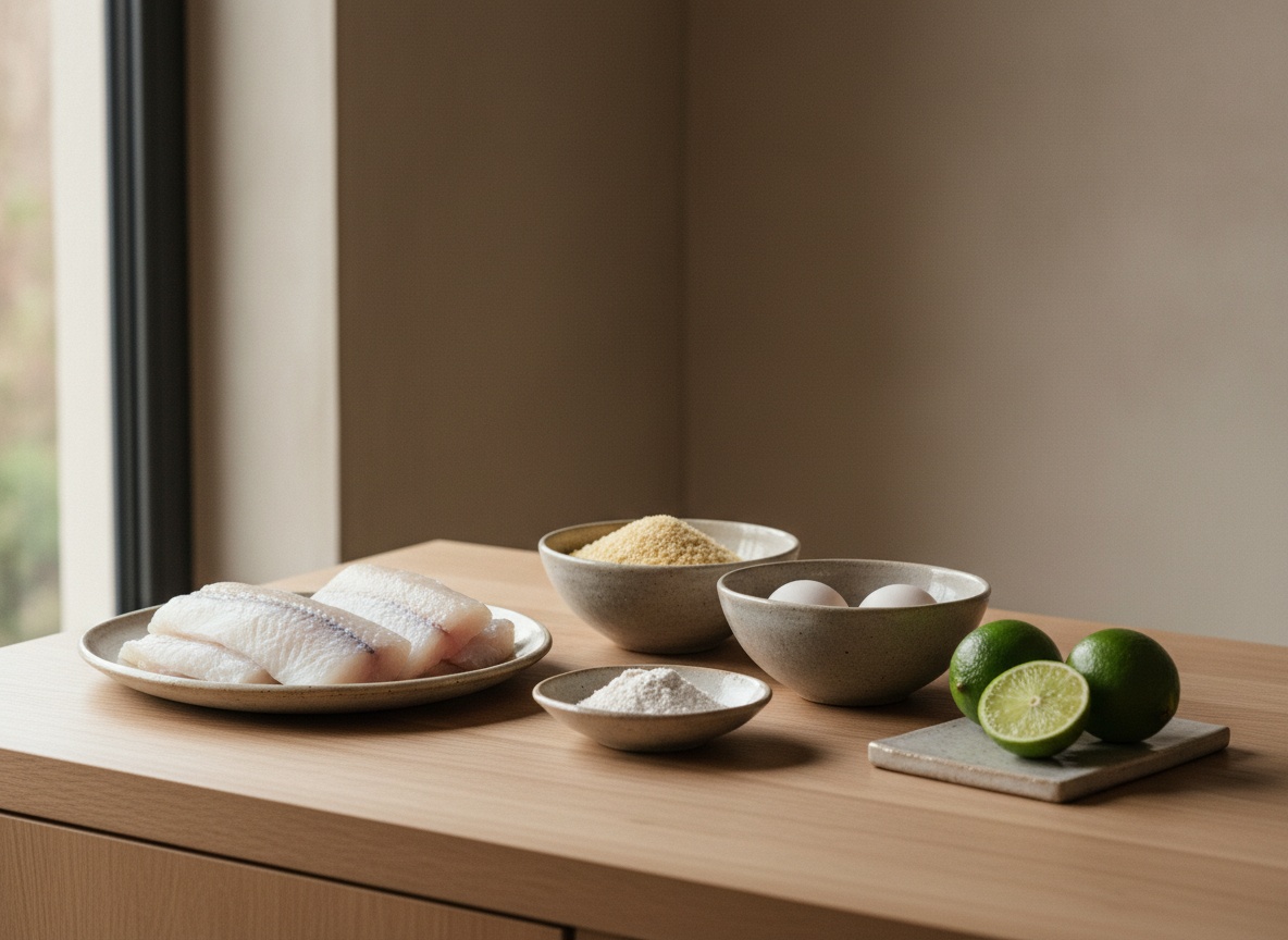 Ingredientes de la merluza en panko vistos de lado sobre tabla de roble: supremas, panko, huevos, harina y limas, con cerámica artesanal y luz desde la izquierda.