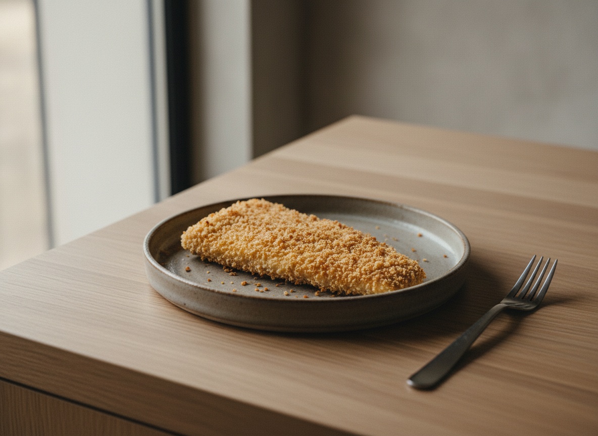 Merluza rebozada en panko con las escamas de pan bien adheridas, sobre cerámica artesanal.