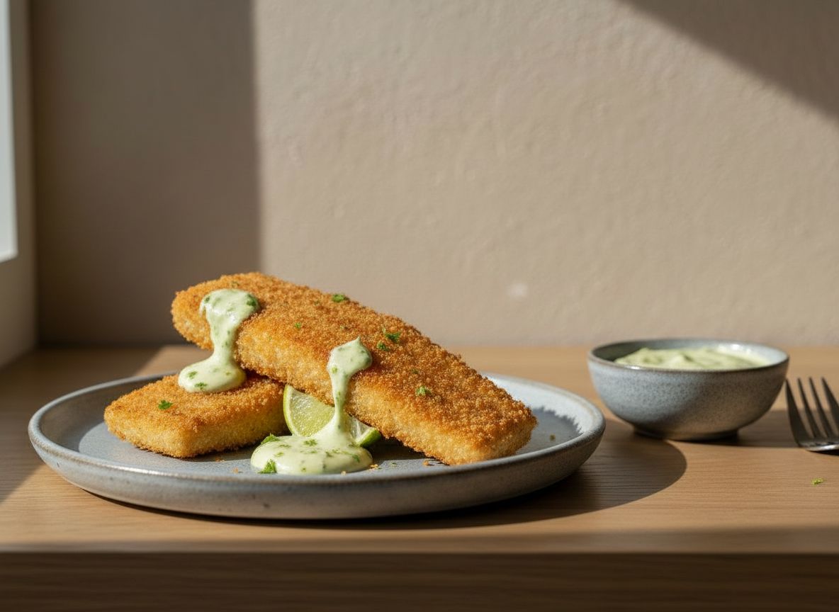 Supremas de merluza de pincho empanadas en panko, doradas y crujientes, junto a un cuenco de mahonesa de lima, sobre tabla de roble y cerámica artesanal con luz natural desde la izquierda.