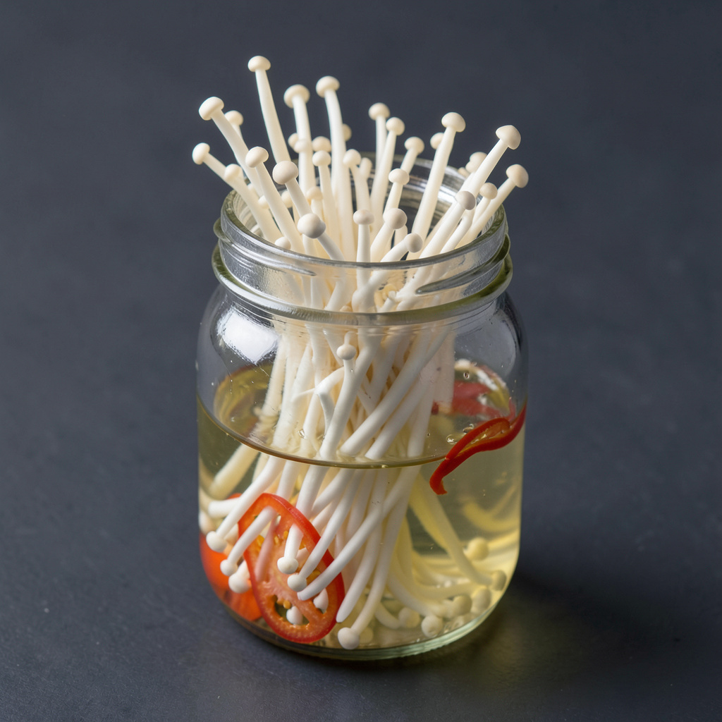 Setas enoki encurtidas en tarro de cristal con vinagre de arroz y guindilla