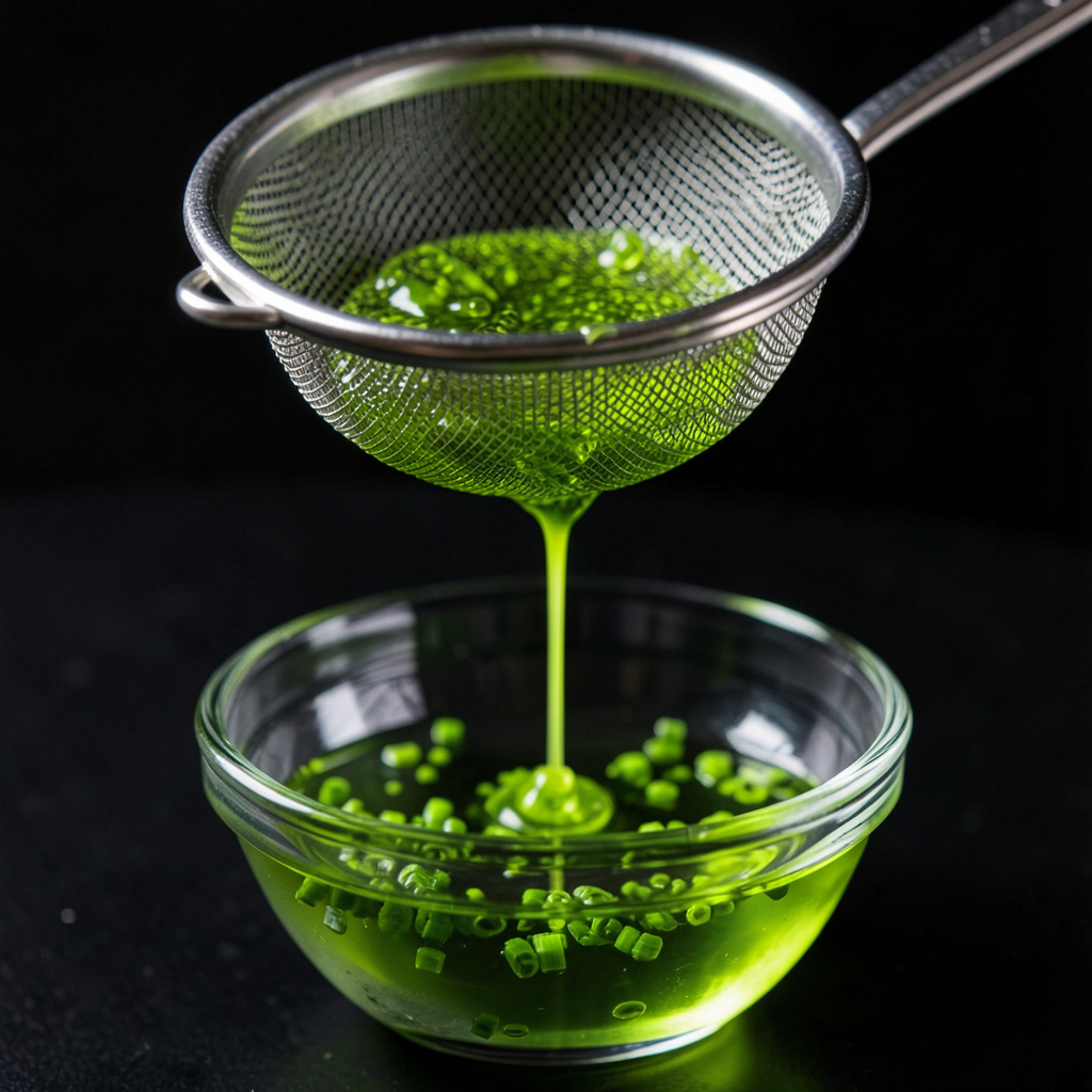 Aceite de cebollino verde eléctrico colándose por tamiz fino