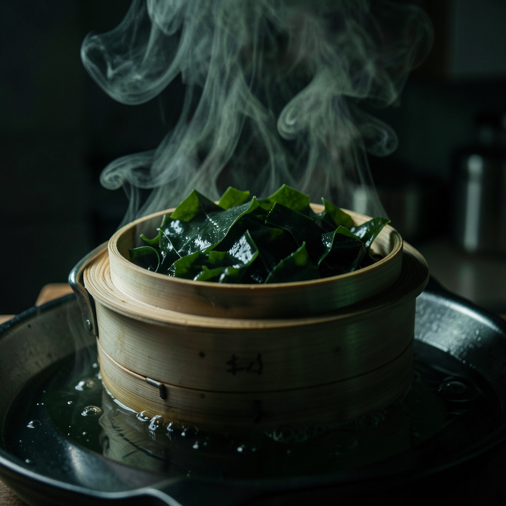 Algas wakame y kombu en vaporera de bambú con vapor denso