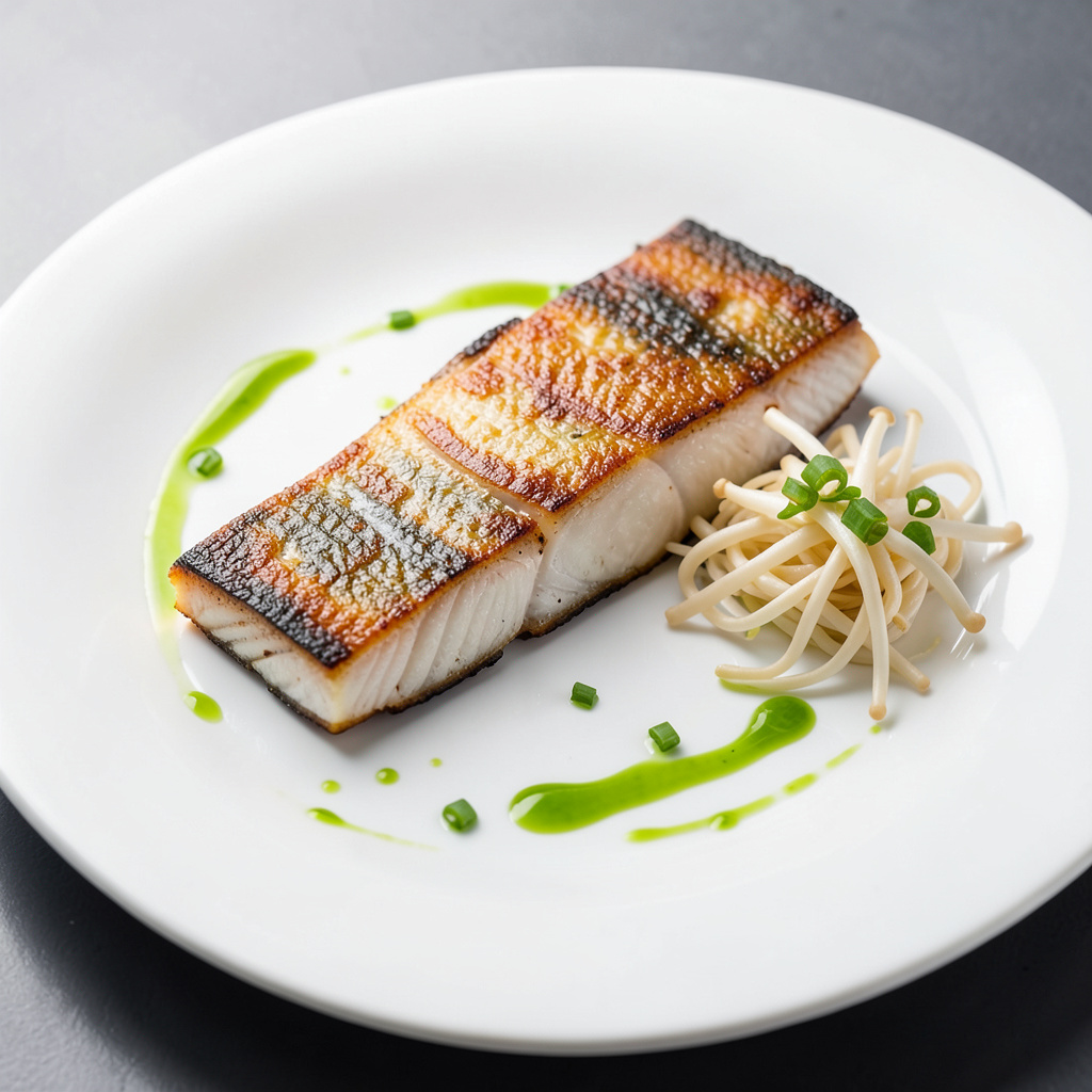 Plato montado: mero con piel dorada, enoki encurtida y aceite de cebollino verde