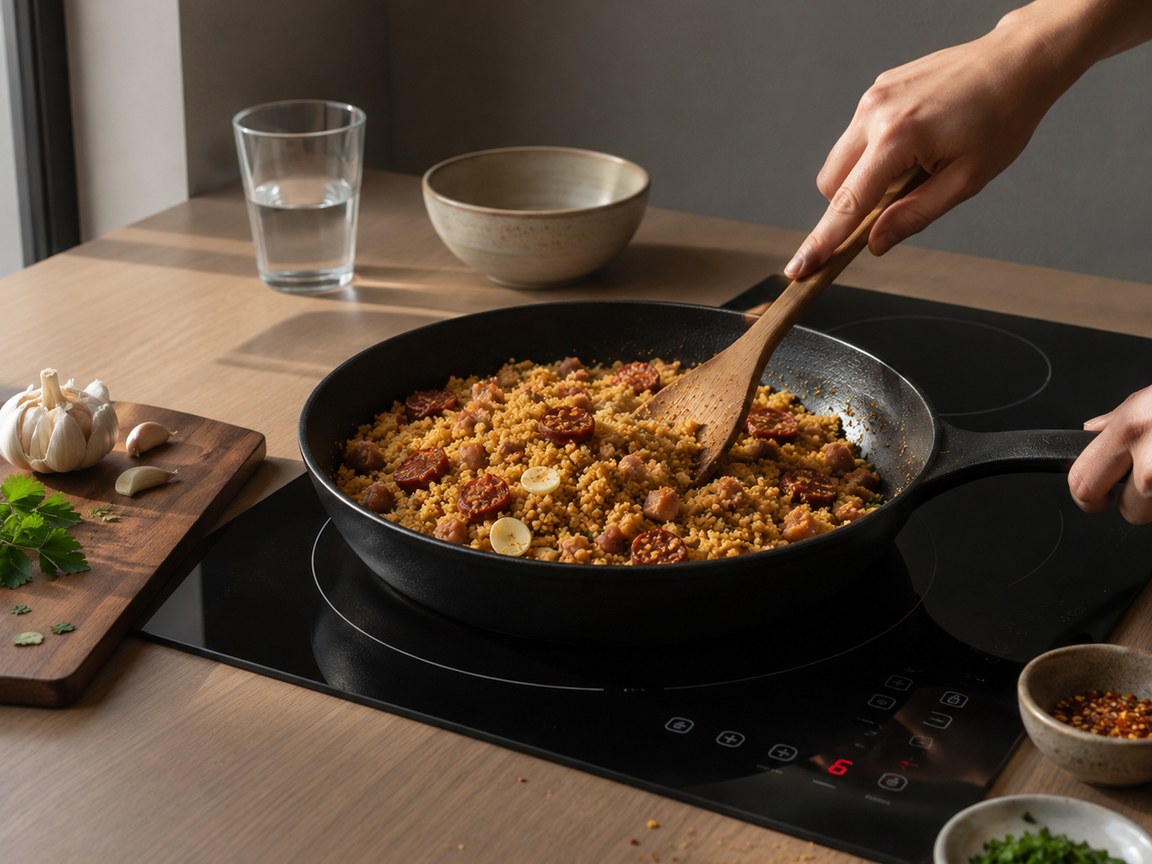 Migas ya doradas y sueltas con la panceta, el chorizo y los ajos devueltos a la sartén