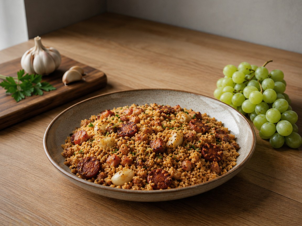 Sartén de hierro con migas extremeñas sueltas y doradas, tacos de panceta y rodajas de chorizo repartidos, racimo de uvas moscatel al lado