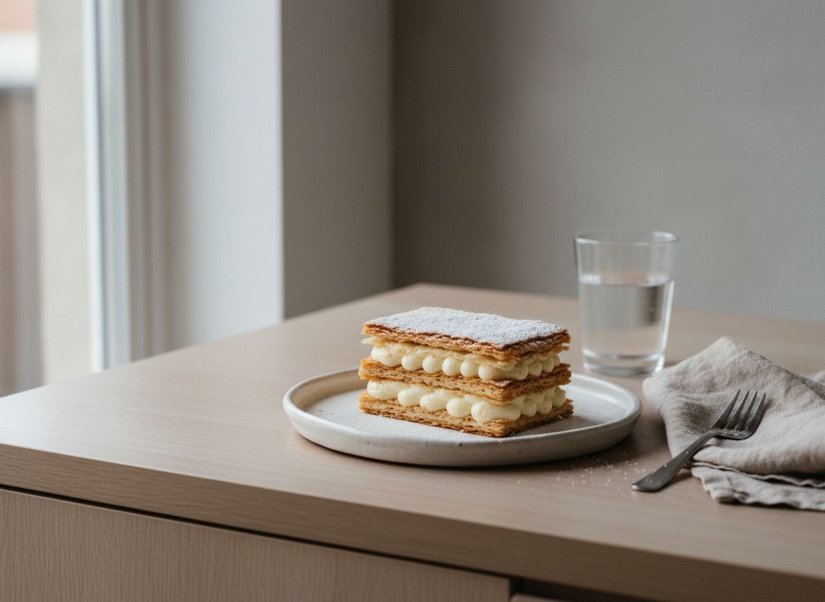 Porción de milhojas con capas de hojaldre dorado y crema pastelera, rematada con azúcar glas, sobre plato blanco hueso, capas nítidas a la vista, luz natural suave desde la izquierda.
