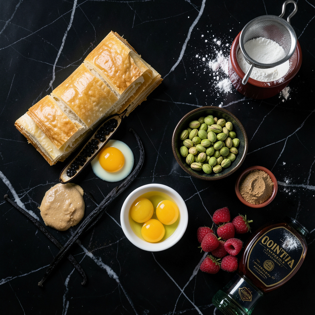 Flat lay: hojaldre, vainilla Tahití, pistachos, frambuesas salvajes, huevos, azúcar glas, Cointreau