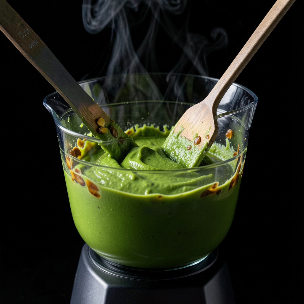 Praliné de pistacho verde intenso siendo procesado en batidora, humeante y brillante