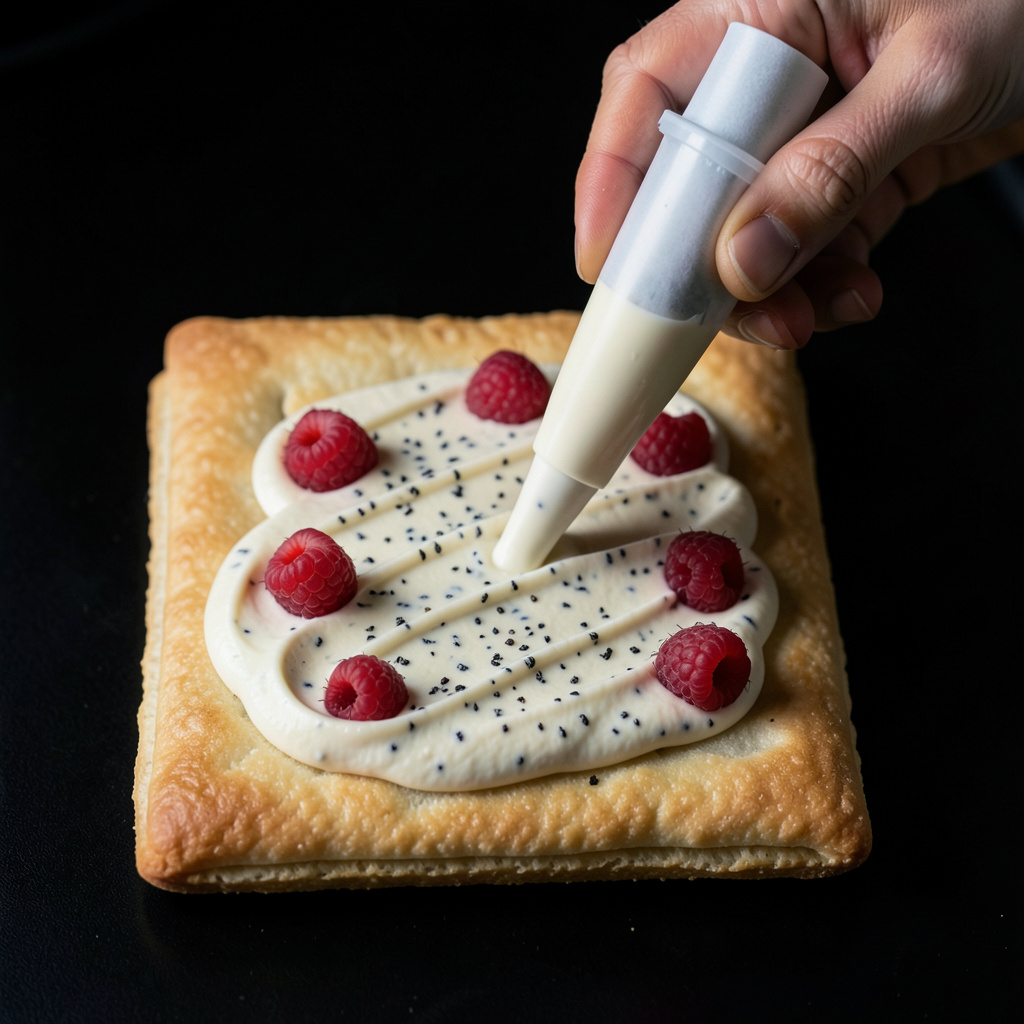Montaje: manga pastelera aplicando crema de vainilla Tahití con semillas sobre lámina de hojaldre con frambuesas