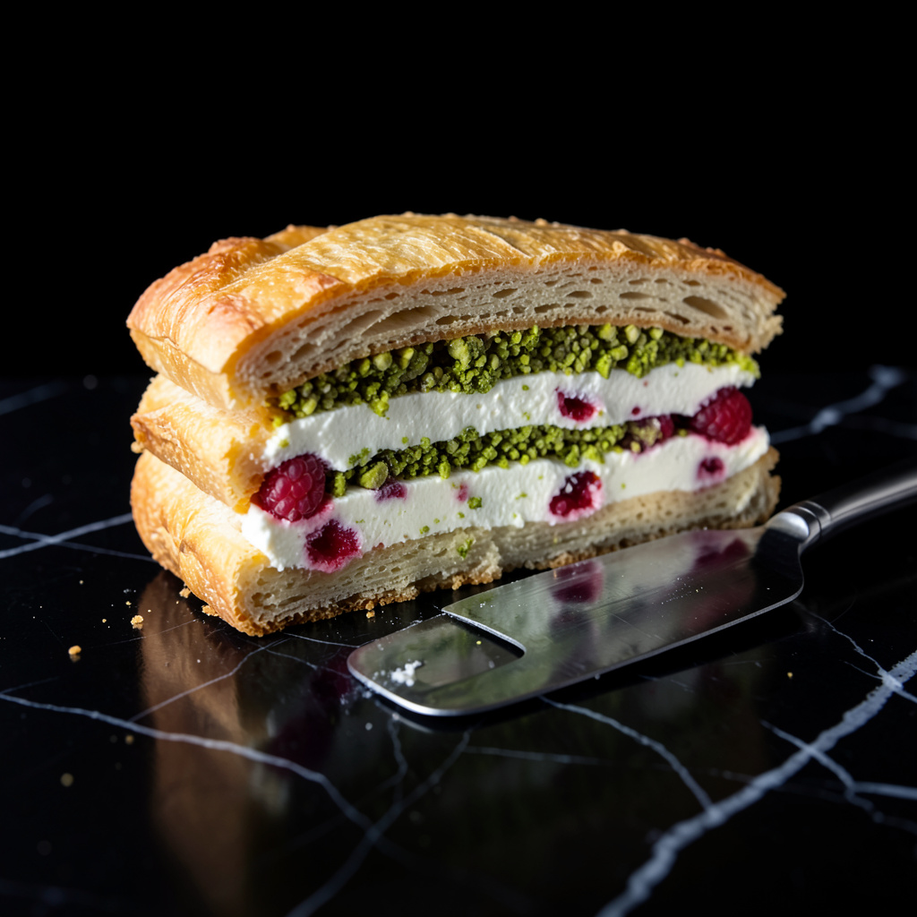 Corte transversal del mille-feuille mostrando capas: hojaldre, crema vainilla, praliné pistacho y frambuesas