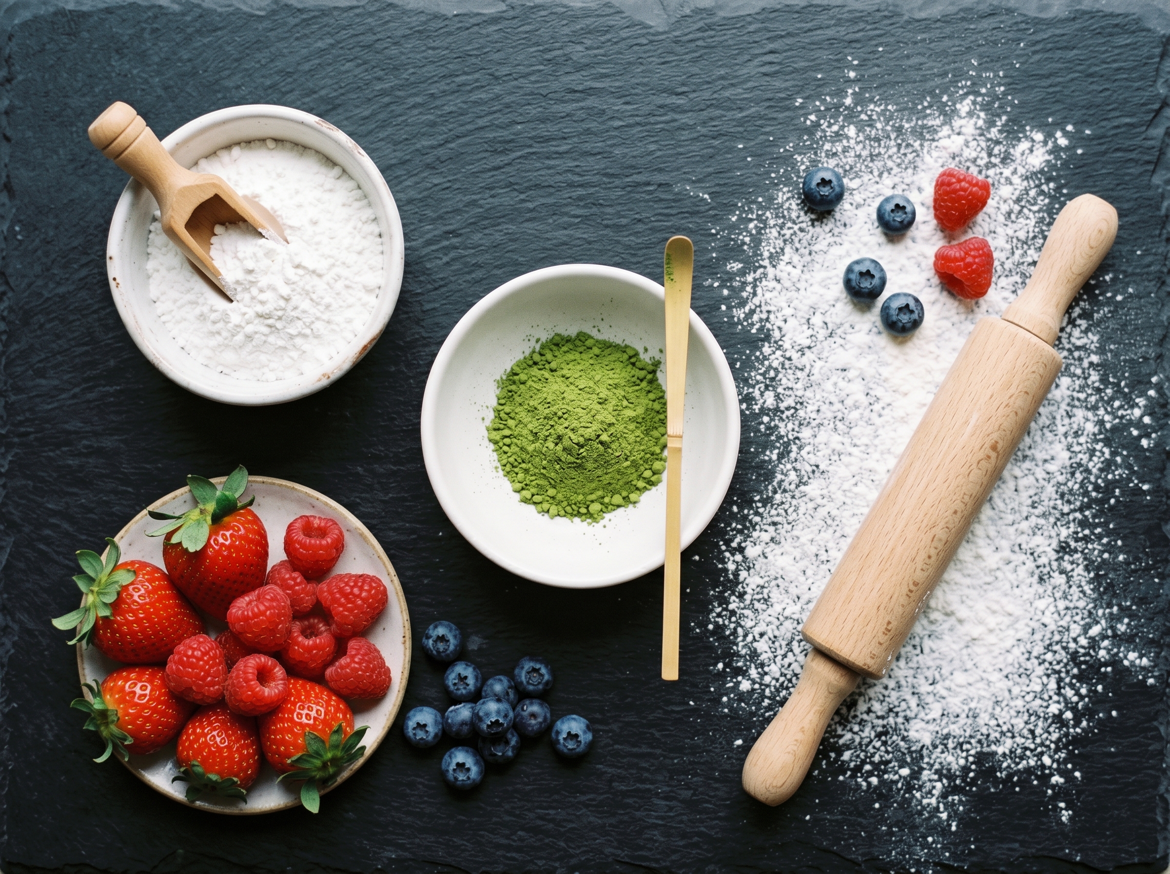 Flat lay ingredientes: polvo de matcha verde, harina de arroz glutinoso, frutos rojos frescos y maicena