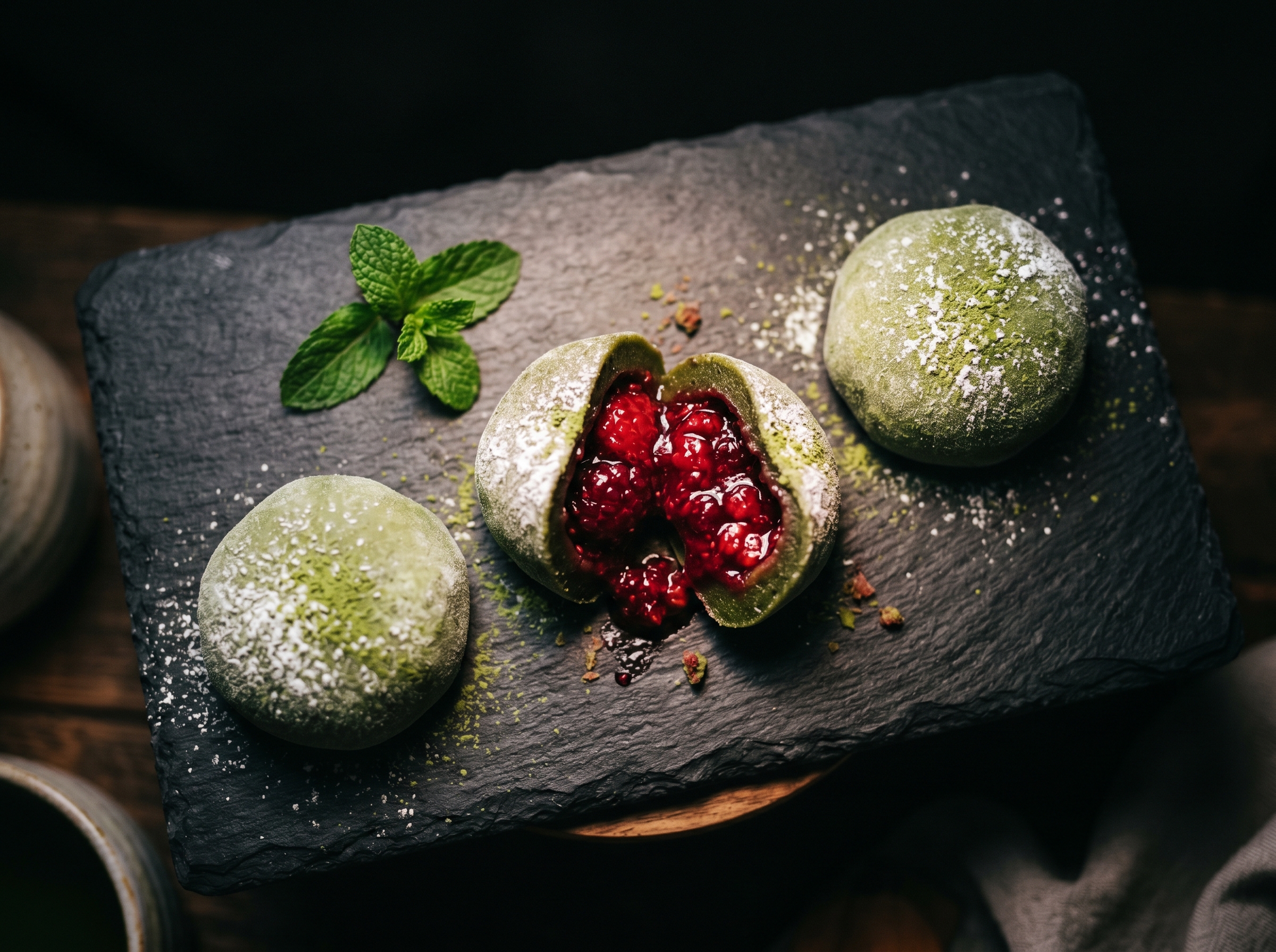 Hero shot: mochi de matcha abierto mostrando compota de frutos rojos, polvo verde y menta fresca