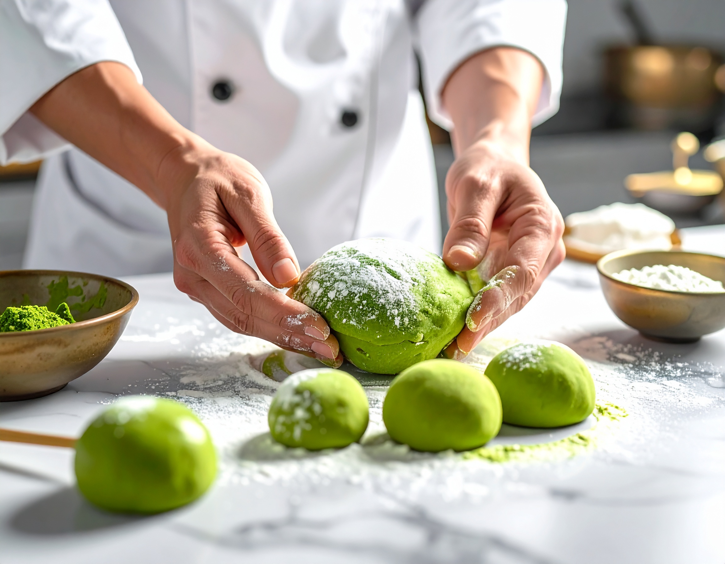 Masa de mochi de matcha verde brillante amasándose sobre mármol con maicena