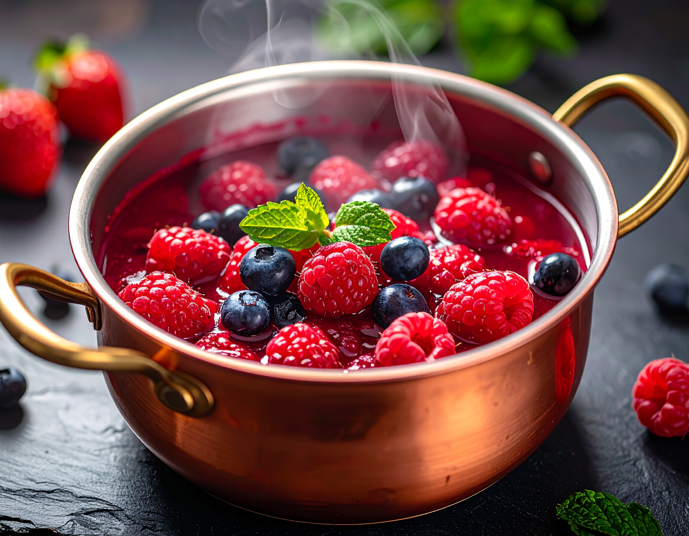 Compota de frutos rojos burbujeando lenta en cazo de cobre con azúcar