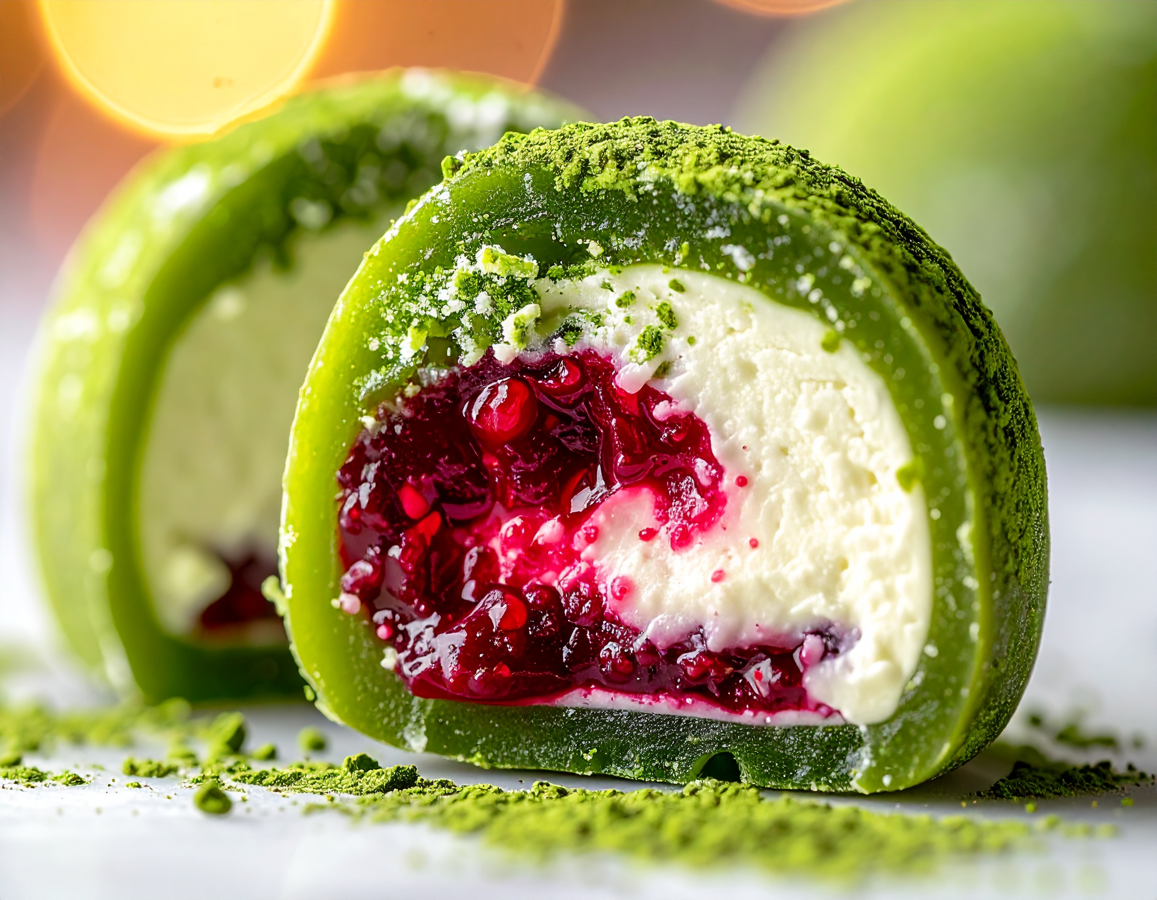Macro de mochi de matcha cortado con compota de frutos rojos saliendo del interior