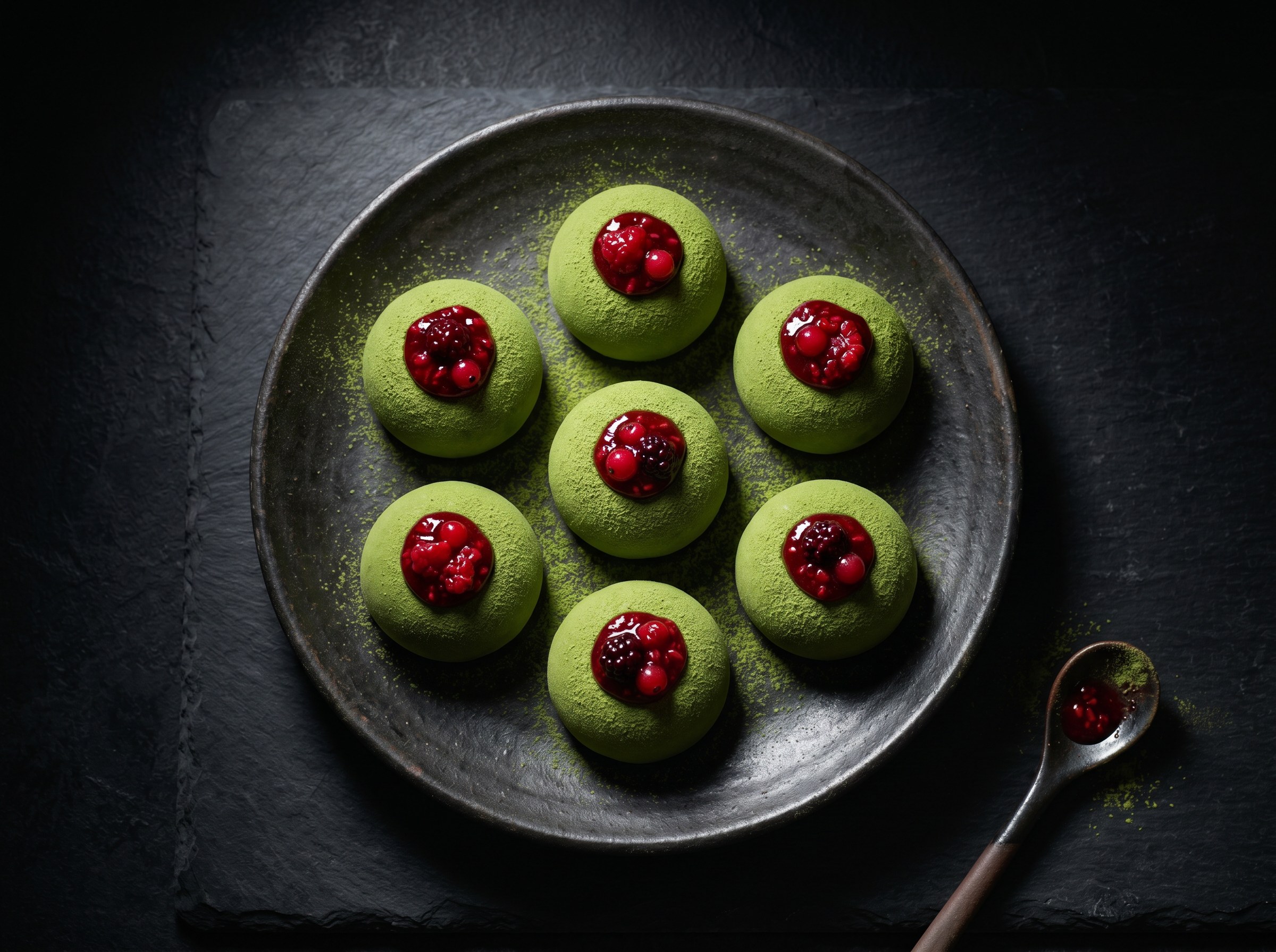 Hero final: mochi de té matcha verde con compota de frutos rojos