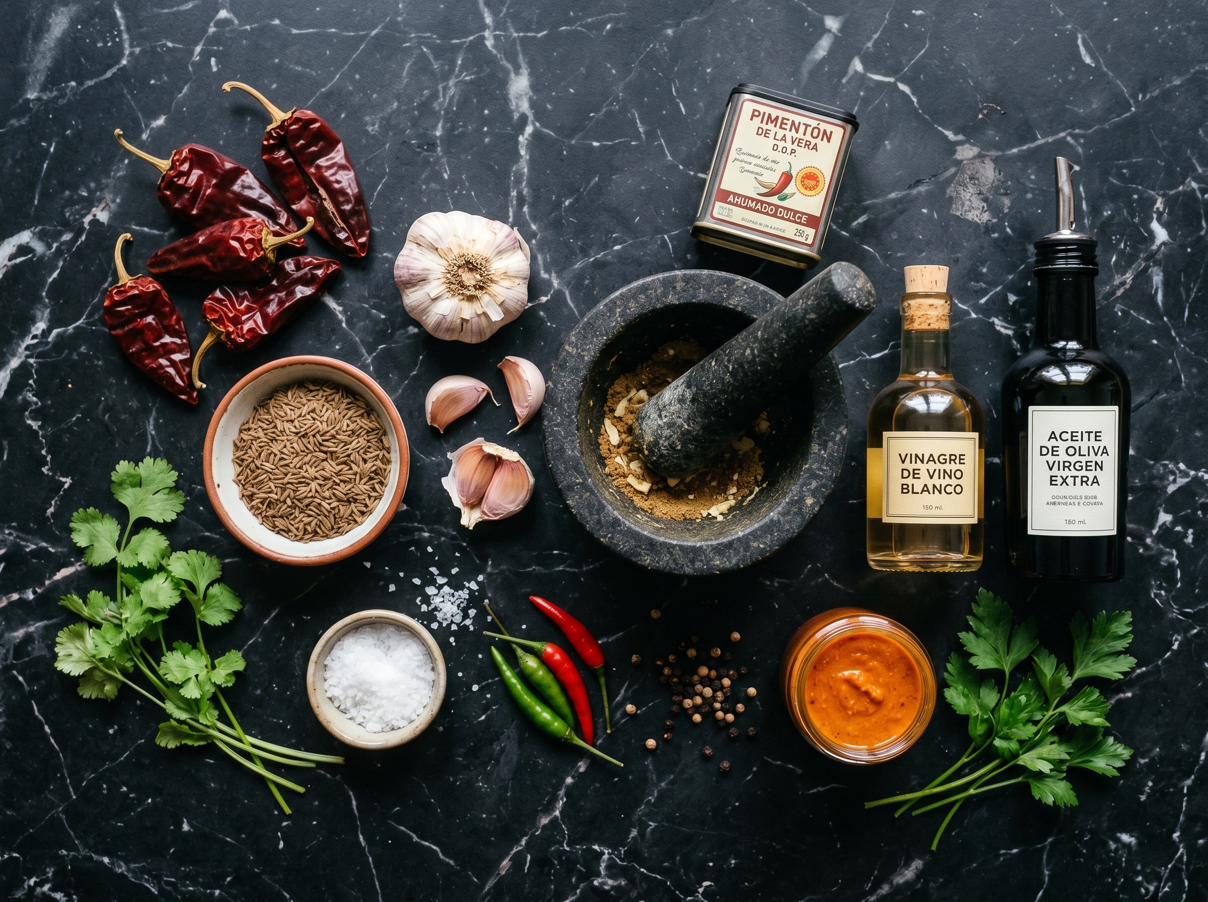 Flat lay ingredientes: ñoras secas, ajo, comino, pimentón de La Vera DOP, vinagre de vino blanco, AOVE y mortero de piedra