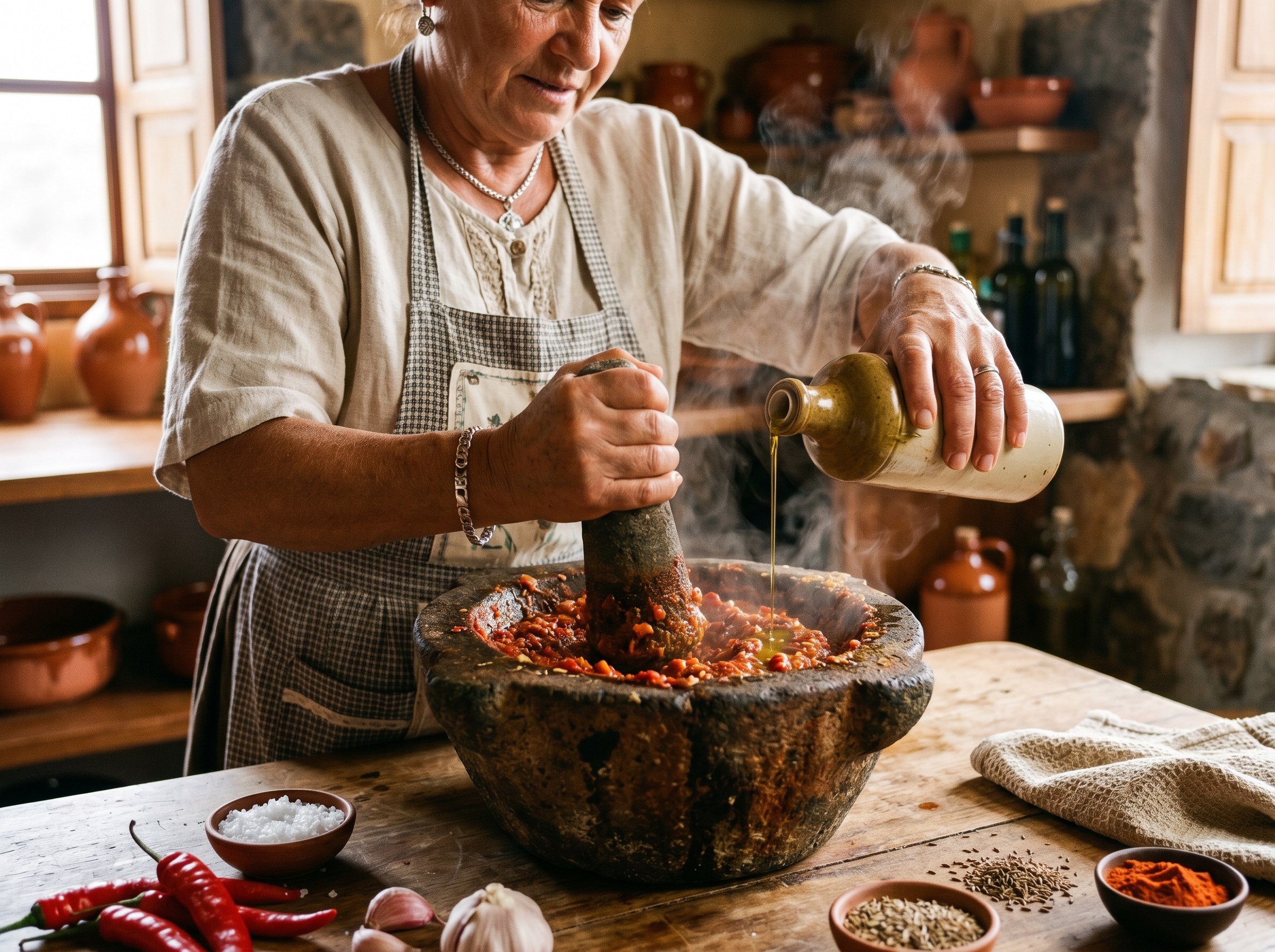 Aceite de oliva virgen extra siendo vertido en hilo sobre la pasta roja del mortero mientras se maja para emulsionar