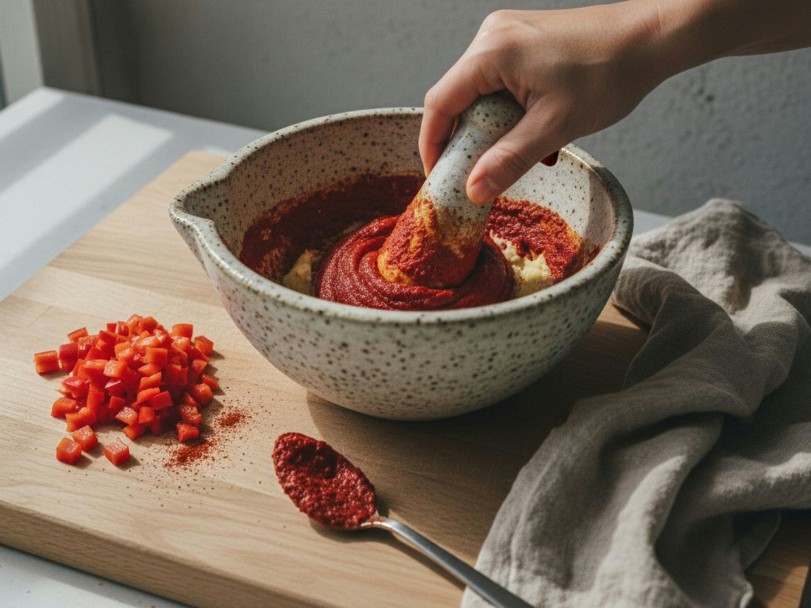 Pasta roja de pimienta y pimentón en el mortero
