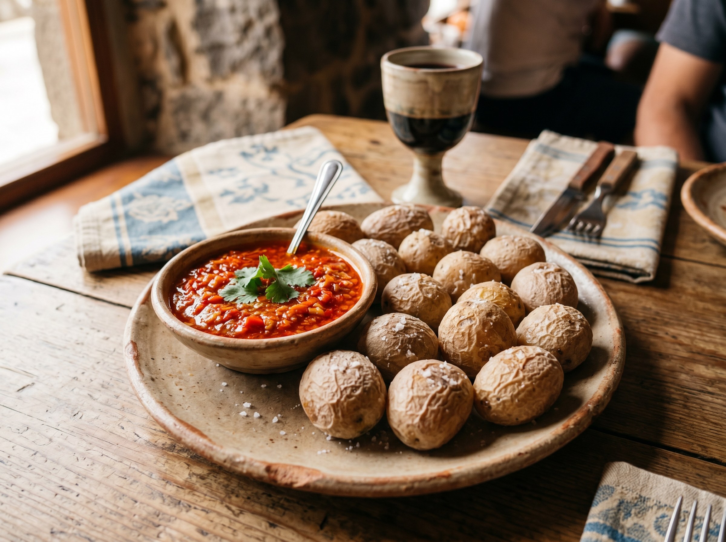 Papas arrugadas canarias con costra de sal y bol de mojo rojo en plato rústico de cerámica