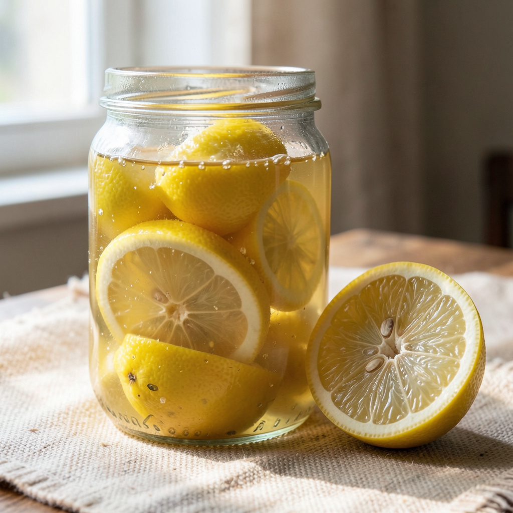 Tarro de cristal con limones confitados en sal, brine dorado y piel completamente blanda tras 7 días
