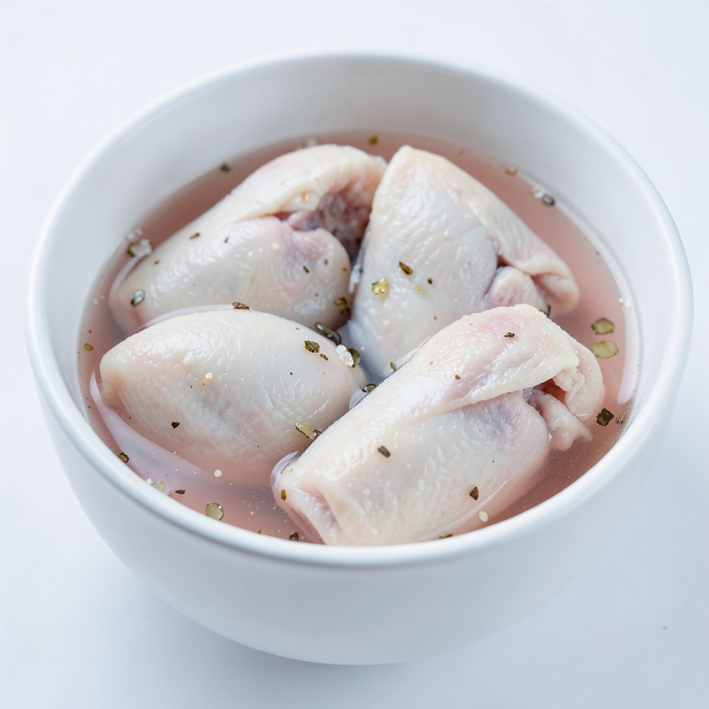 Mollejas de cordero lechal blancas sumergiéndose en agua con sal y vinagre, agua ligeramente rosada