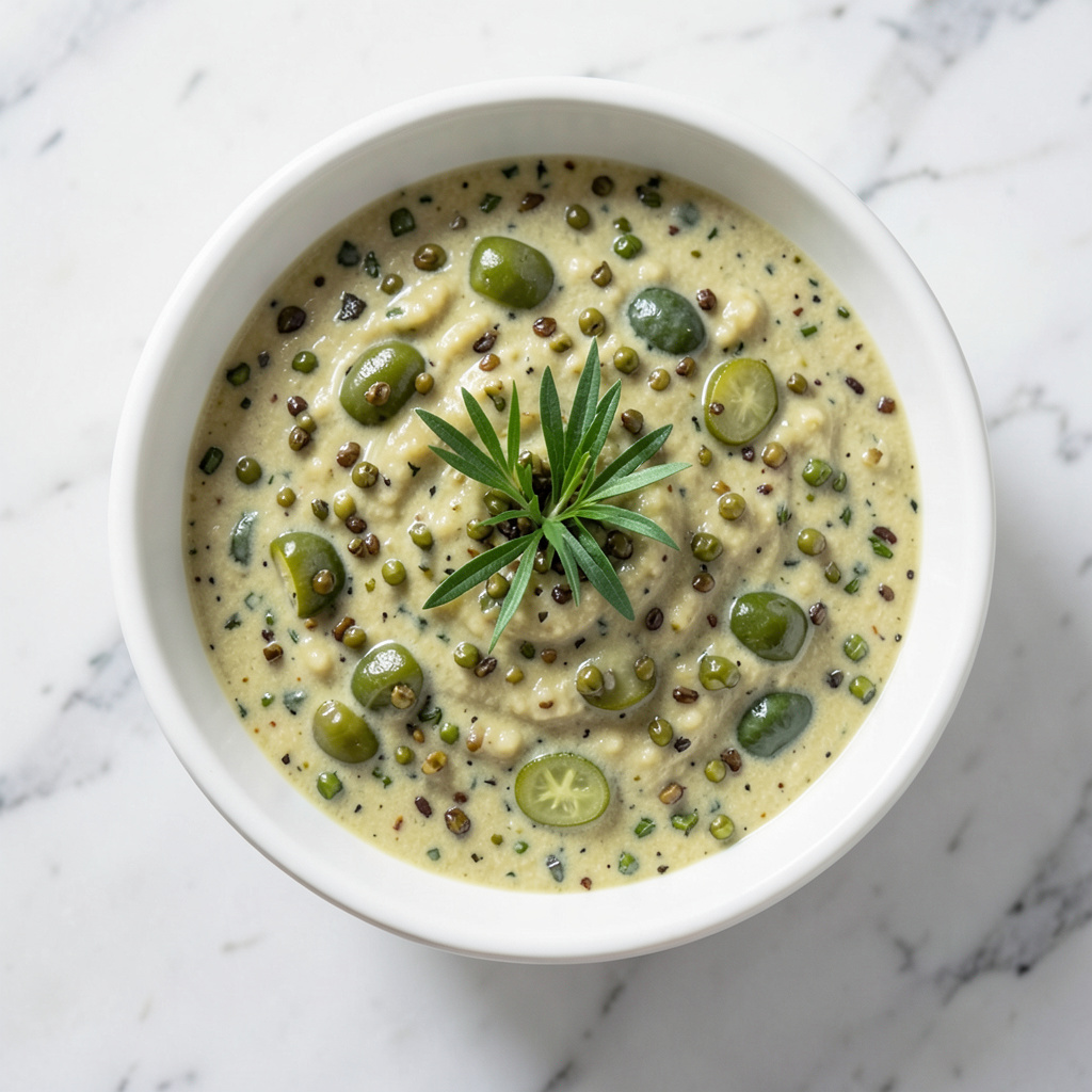 Salsa gribiche en bol blanco: emulsión cremosa con tropezones de alcaparras, pepinillos y hierbas verdes visibles