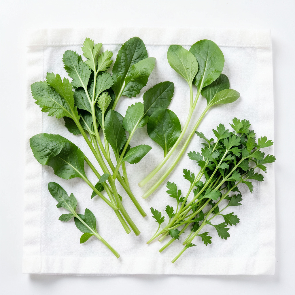 Ensalada de hierbas frescas: estragón, perifollo y cebollino sobre paño blanco, vivas y sin aliñar