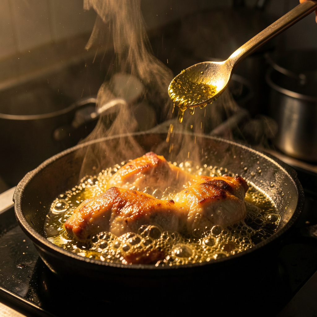 Mollejas de cordero friéndose en aceite a 175°C, dorado intenso formándose, vapor y burbujeo