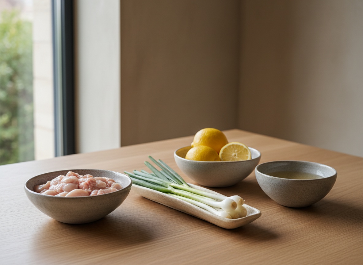 Ingredientes de las mollejas de cordero vistos de lado sobre roble: mollejas, ajo tierno, limon y vino en cuencos de ceramica.