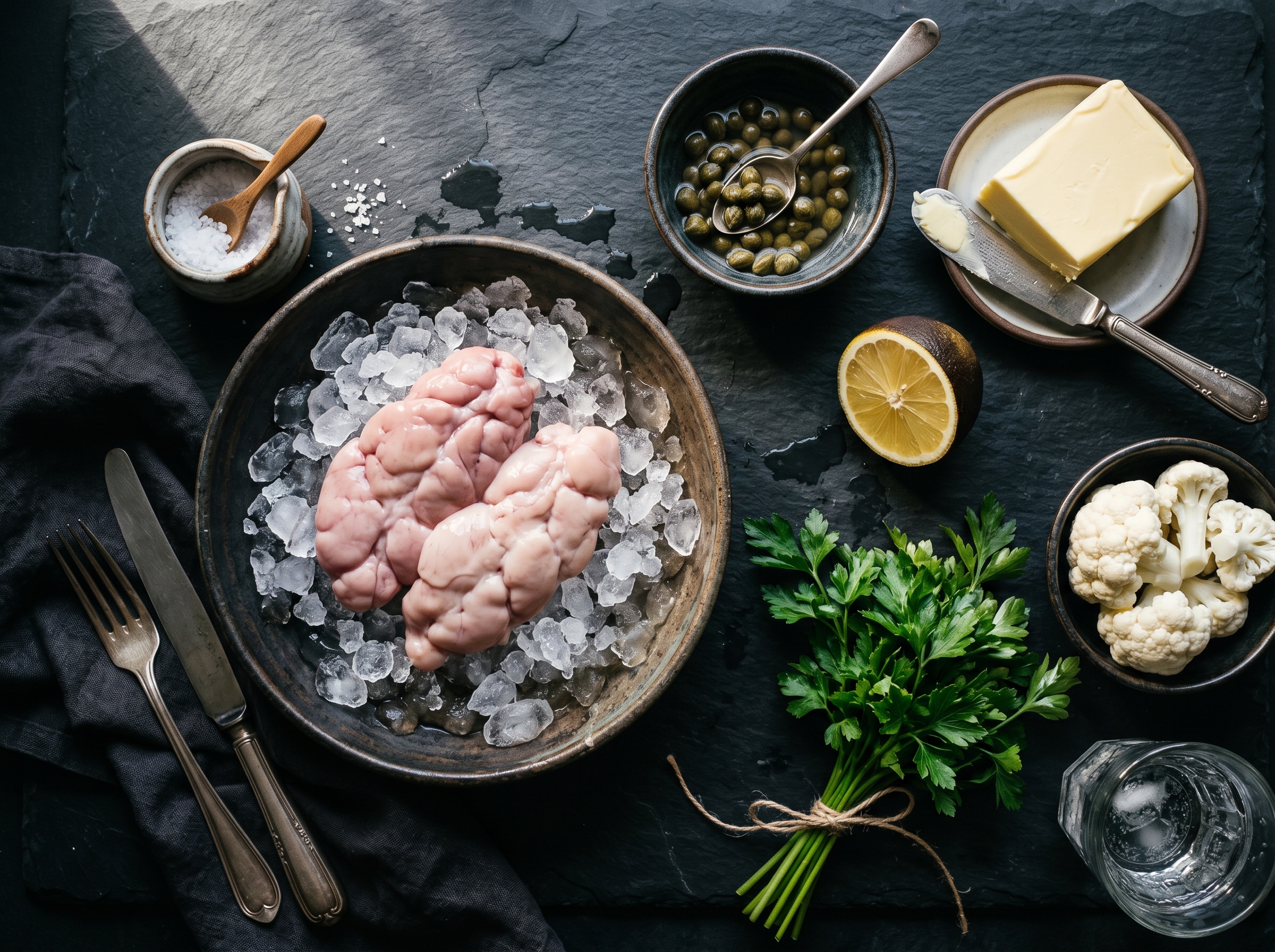 Flat lay ingredientes mollejas de ternera con coliflor, alcaparras, limón y mantequilla