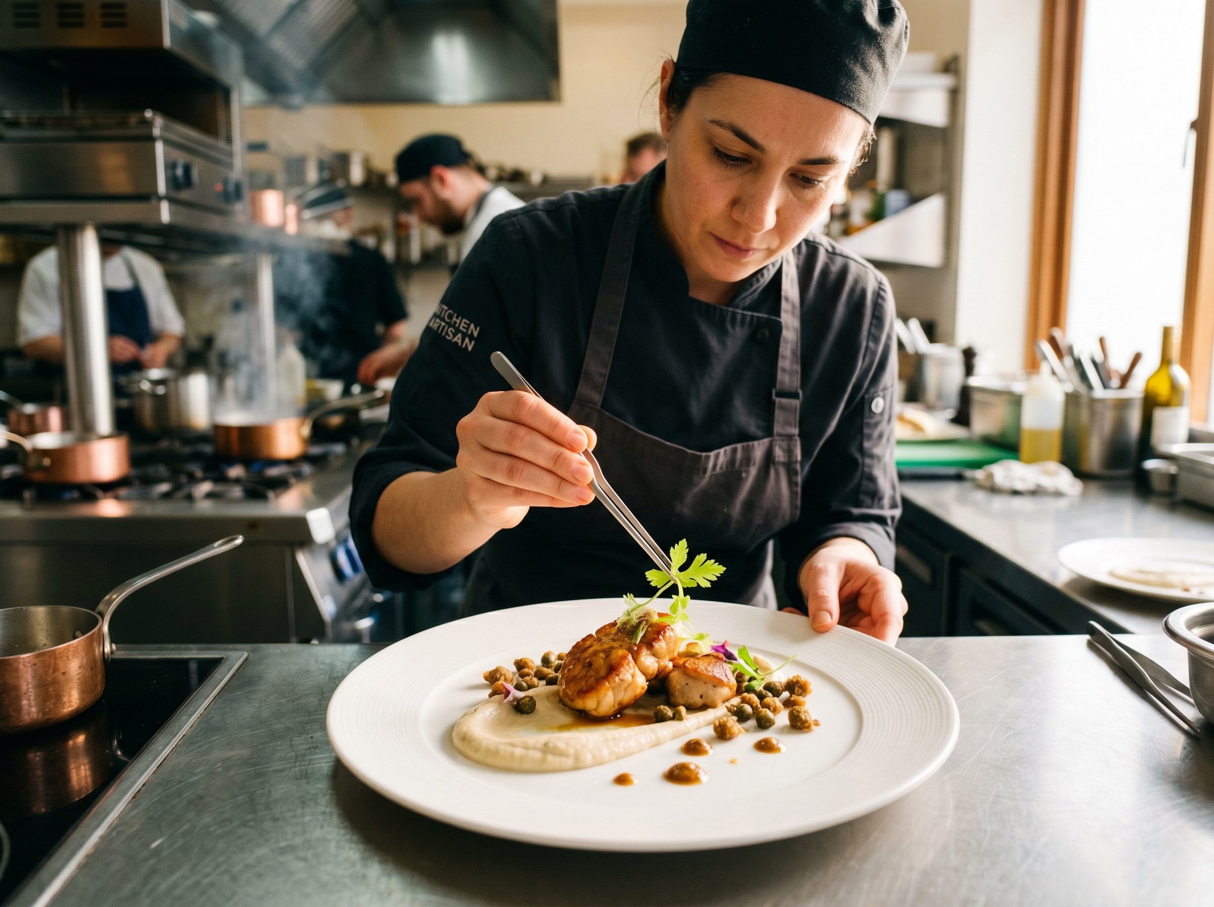 Emplatado de las mollejas doradas con puré de coliflor ahumada y alcaparras fritas