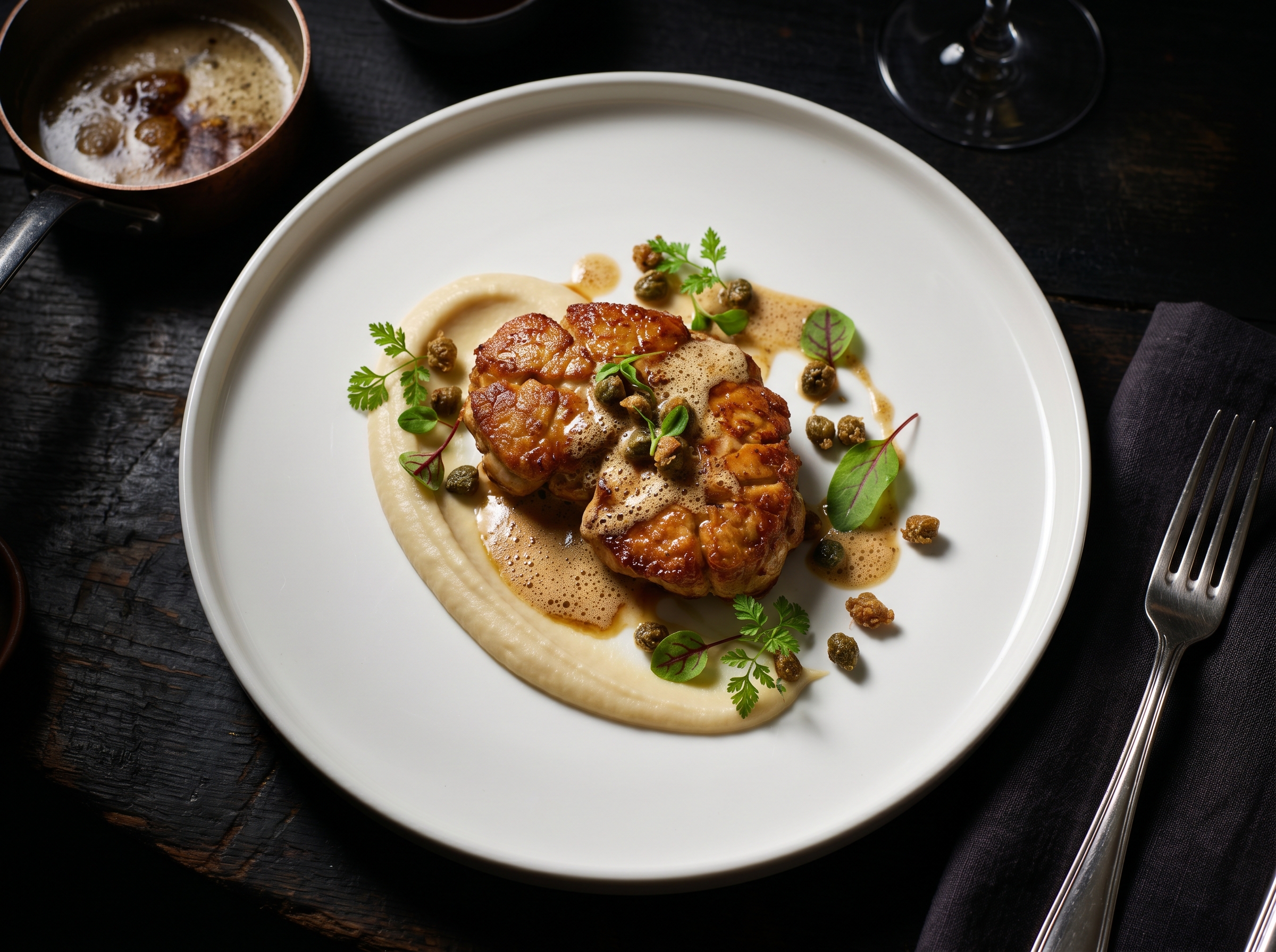 Mollejas de ternera con mantequilla noisette, alcaparras fritas y puré de coliflor ahumada