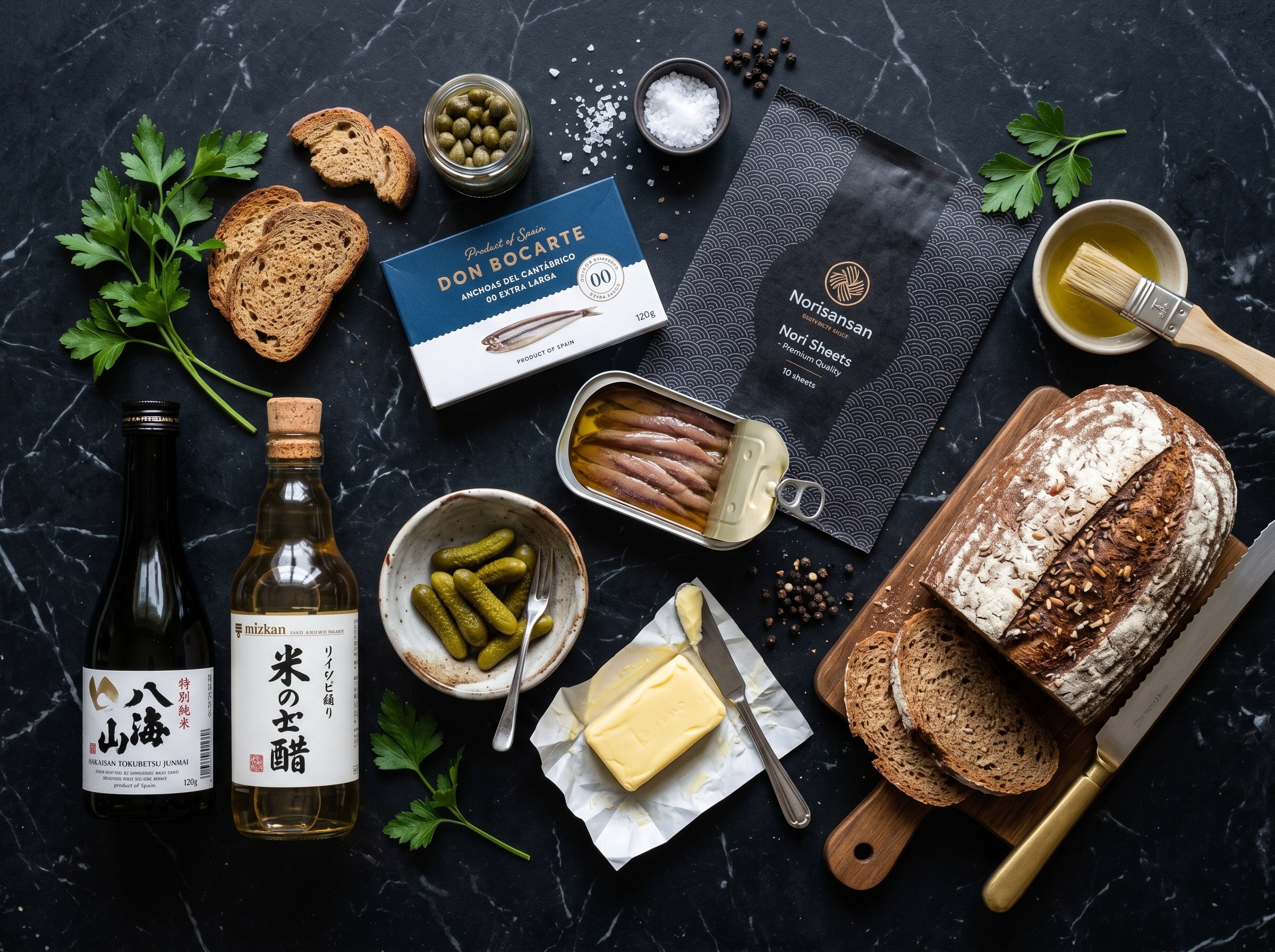Ingredientes montadito anchoa: anchoas 00 Cantábrico, nori, pepinillos, sake, mantequilla, pan centeno