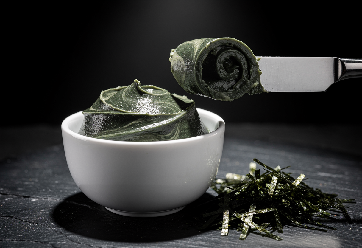 Mantequilla de algas nori siendo preparada, color verde-gris intenso y aroma marino
