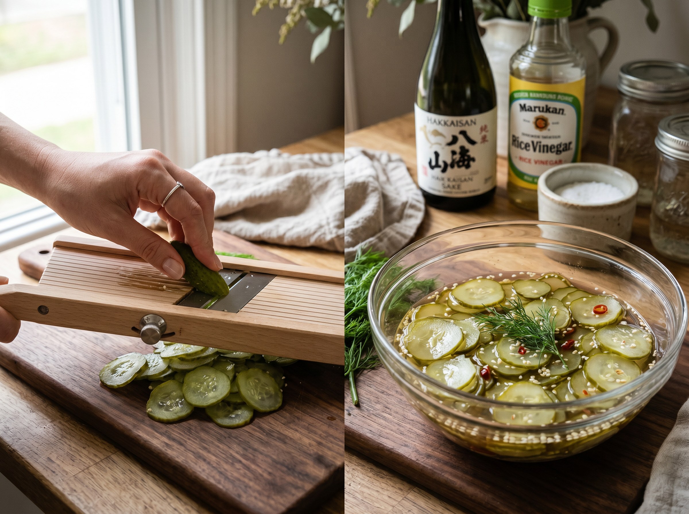 Pepinillos laminados encurtiéndose en sake y vinagre de arroz 24 horas