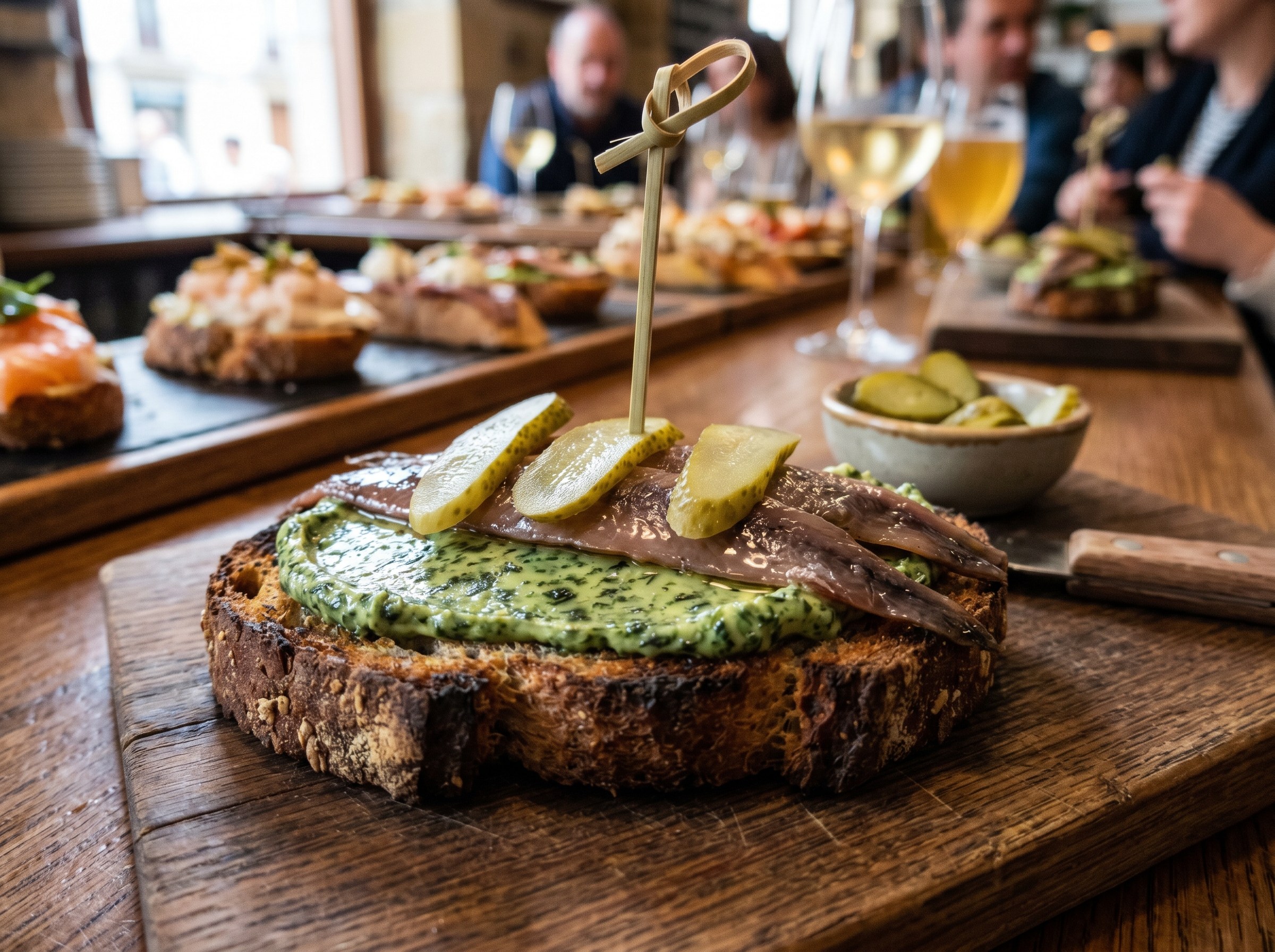 Pan centeno tostado con mantequilla de algas, anchoas 00 y pepinillo sake encima