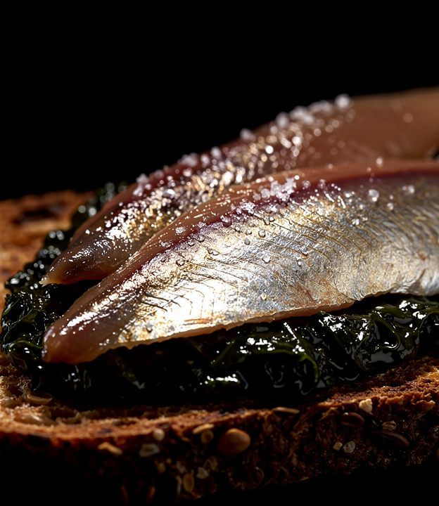 Anchoas del Cantábrico con piel iridiscente plata-bronce y cristales de sal sobre mantequilla de algas