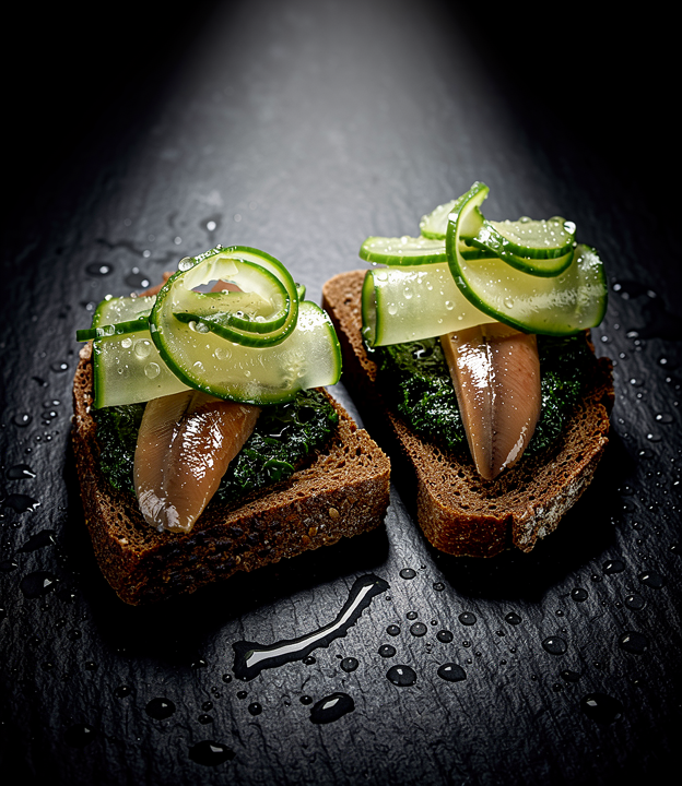 Montadito de anchoa 00 del Cantábrico sobre pan de centeno con mantequilla de nori y un pepinillo encurtido en sake.