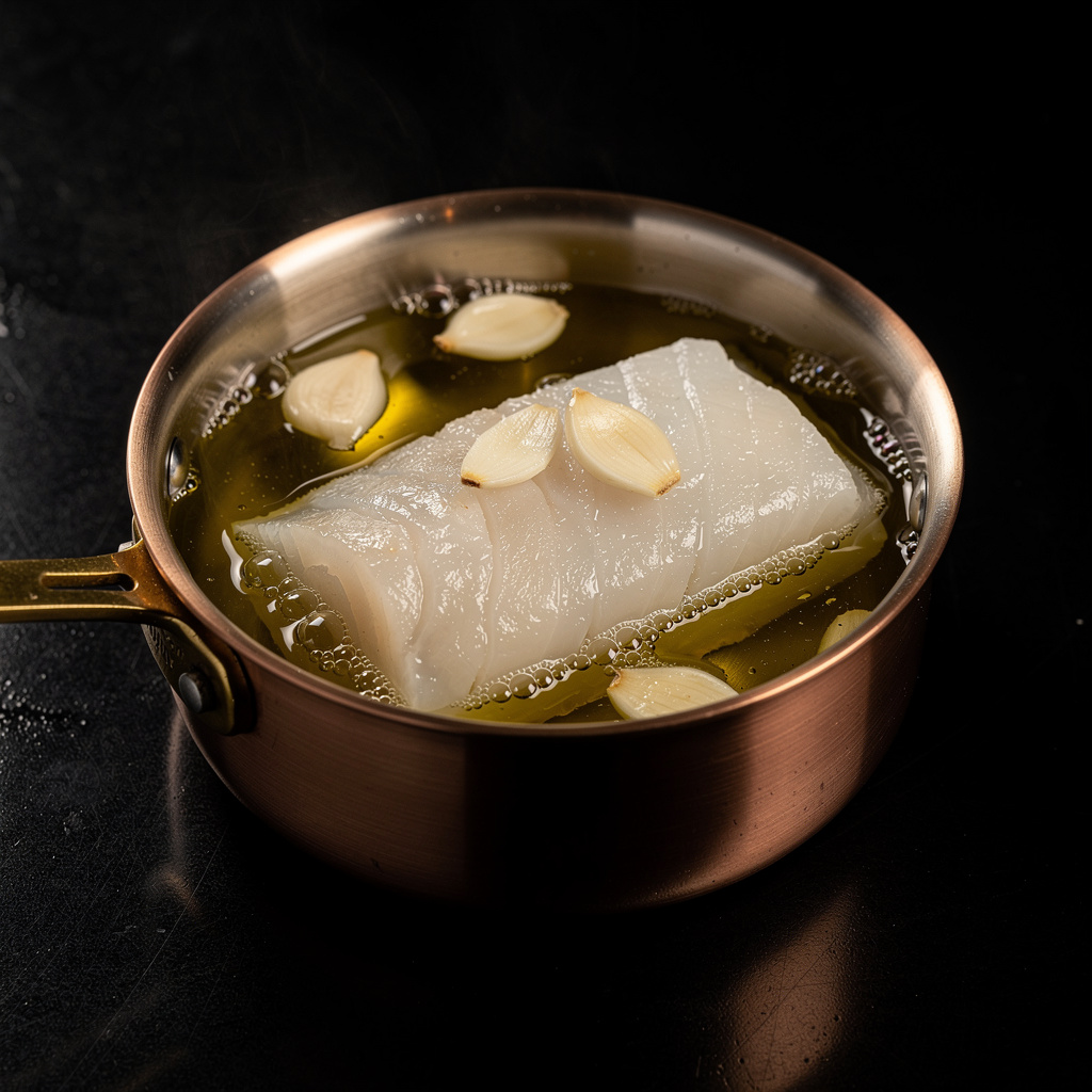 Lomo de bacalao confitándose en aceite de oliva con ajo en cazo de cobre