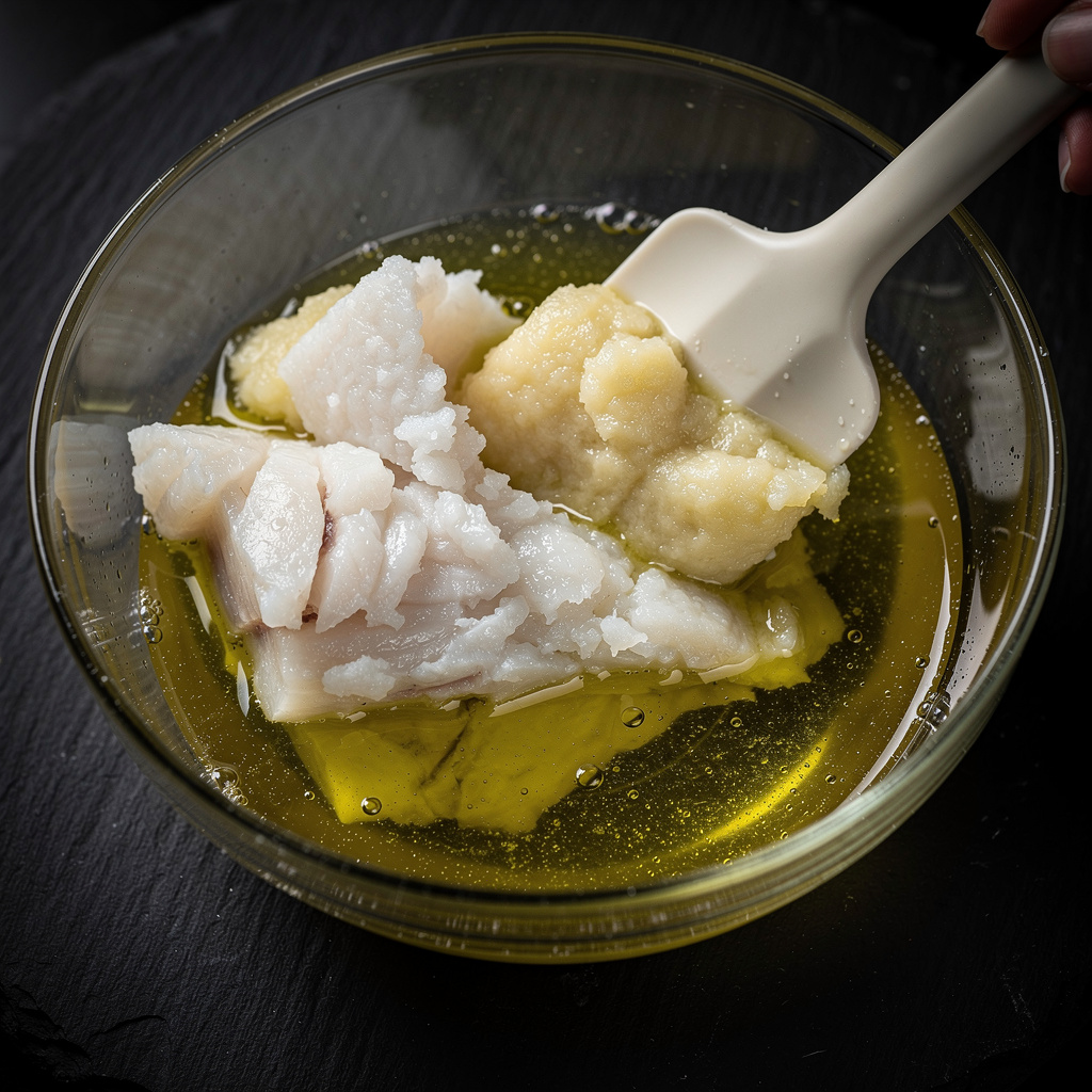 Bacalao desmigado en grandes láminas mezclándose con aceite en bol de cristal