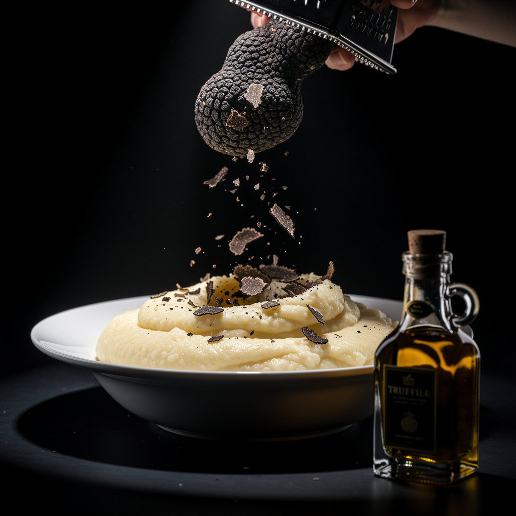 Trufa negra rallándose sobre la brandade de bacalao cremosa