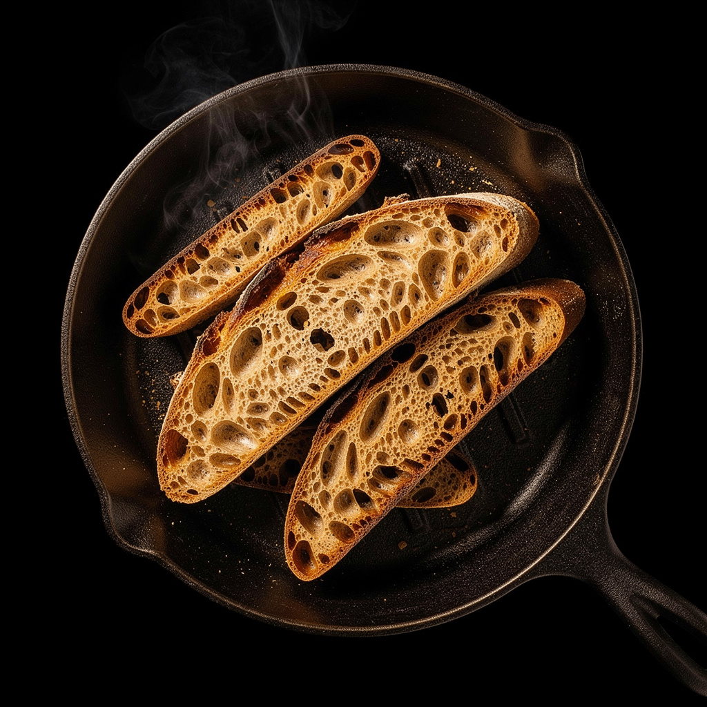 Rebanadas de pan de masa madre en diagonal tostándose en sartén de hierro